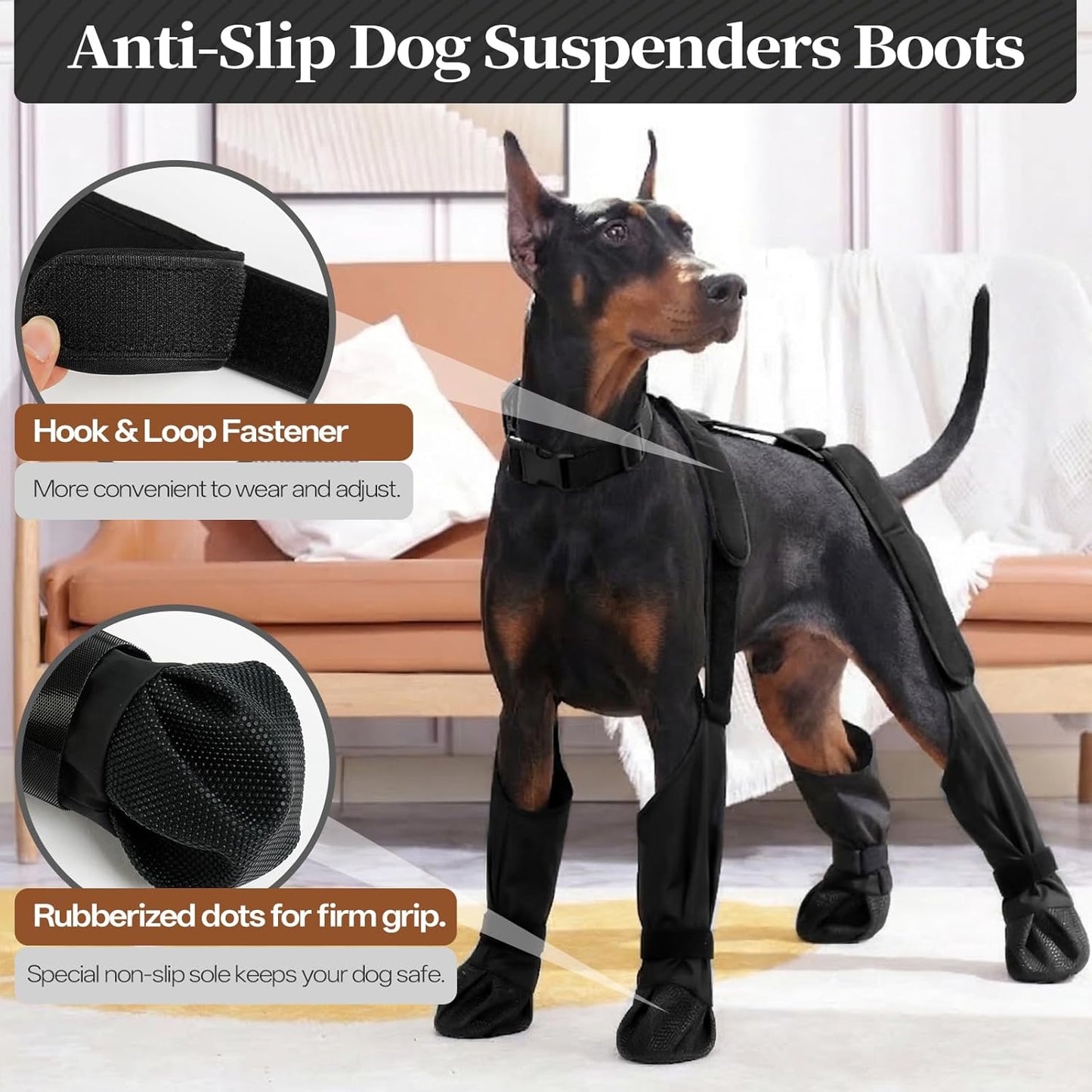Waterproof Dog Shoes for Medium Dogs, Anti-Slip & Fall Dog Suspender Boots Adjustable Pet Shoes Paw Protector, All-Weather Outdoor Dogs Booties for Winter Snow Rain Hiking, Black M
