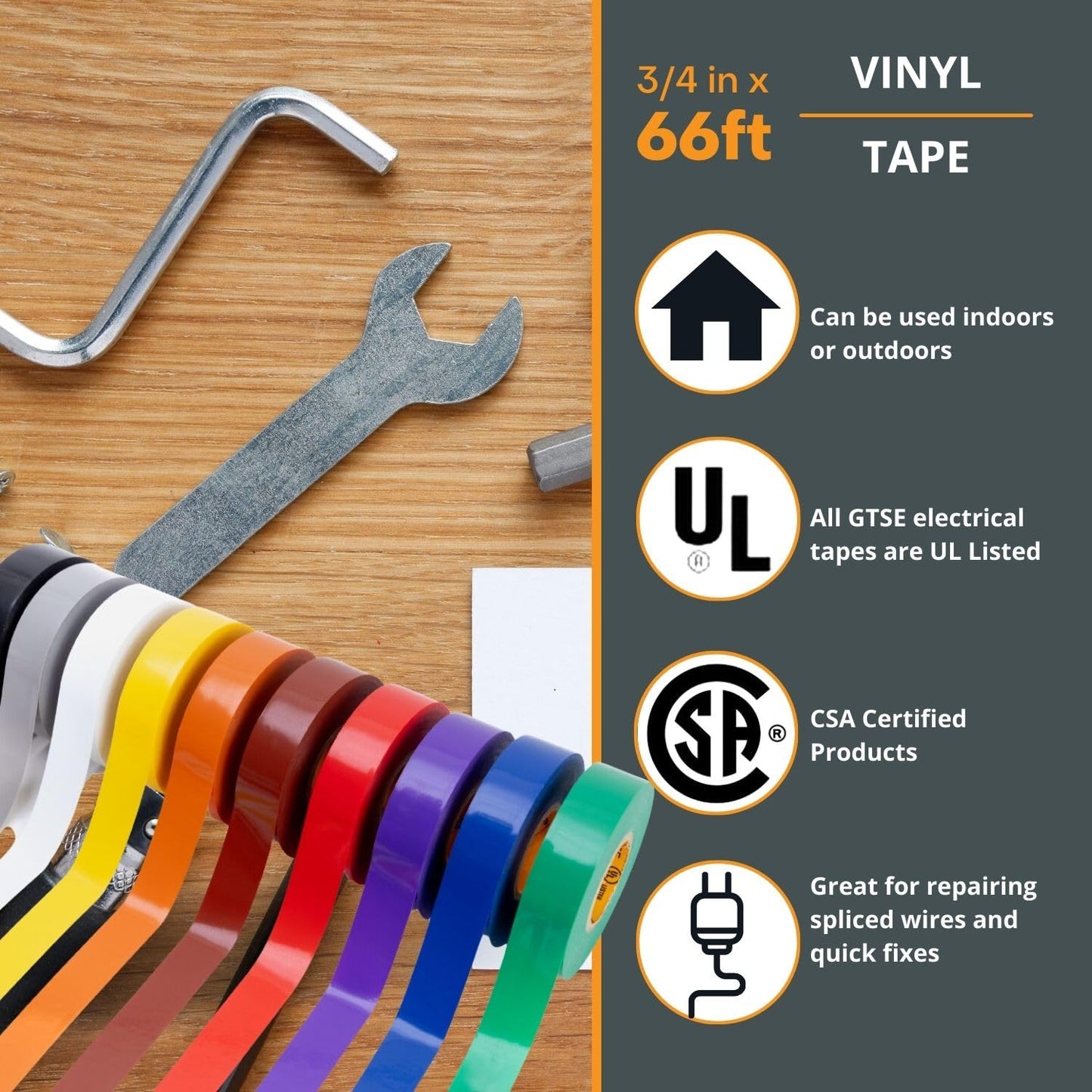GTSE Mixed Colors Electrical Tape, 10-Pack – Waterproof, Industrial Grade Vinyl, 3/4 in x 66ft– Strong Self-Adhesive PVC Electric Tape for Wire Insulation, 7 Mil, 600V – UL/CSA Listed