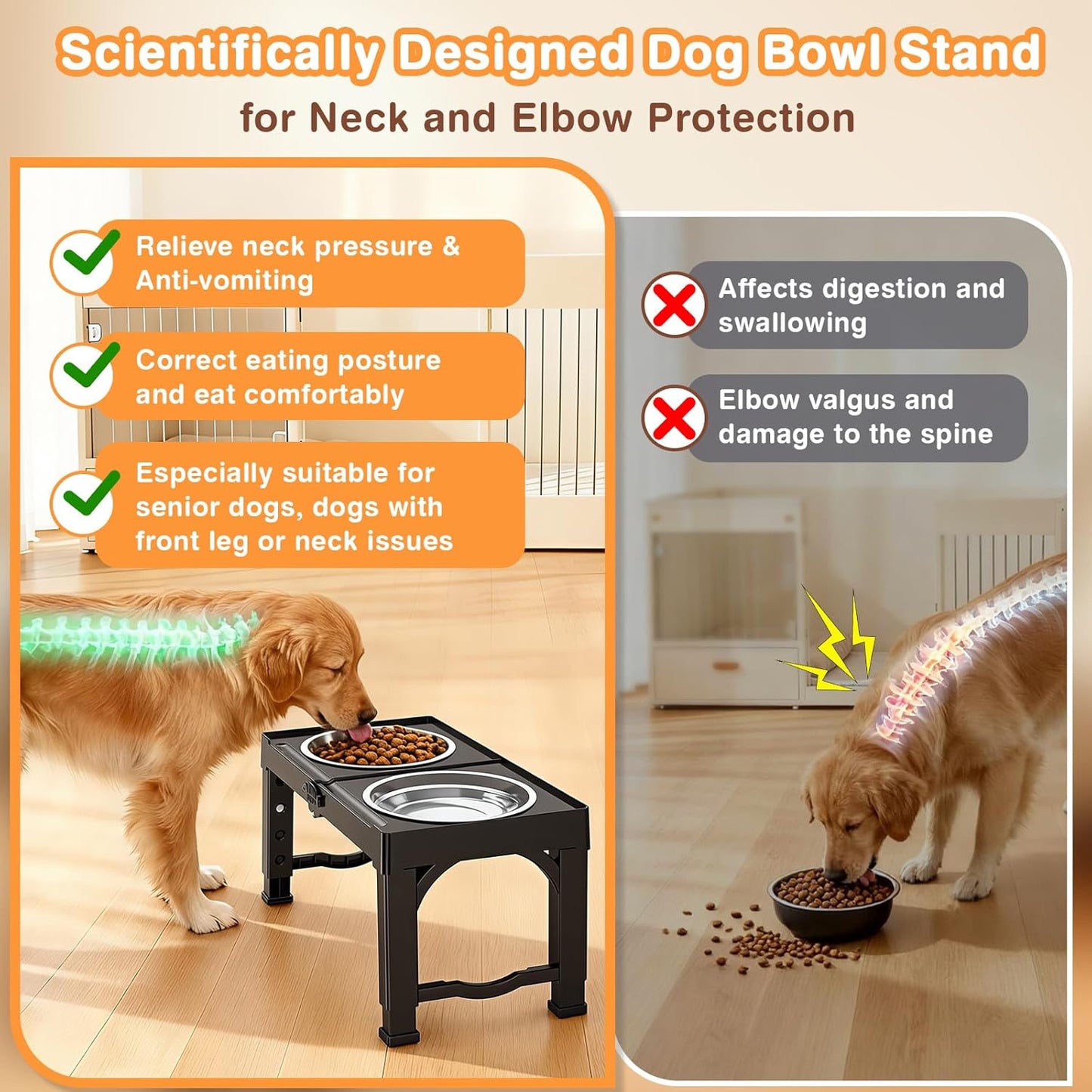 Elevated Dog Bowls Stand with 5 Heights from 3.8" to 13.4", Raised Dog Bowl Suitable for Medium & Large Sized Dogs, Adjustable Pet Food Stand with 2 Stainless Steel Bowls, Foldable Feeder, Black