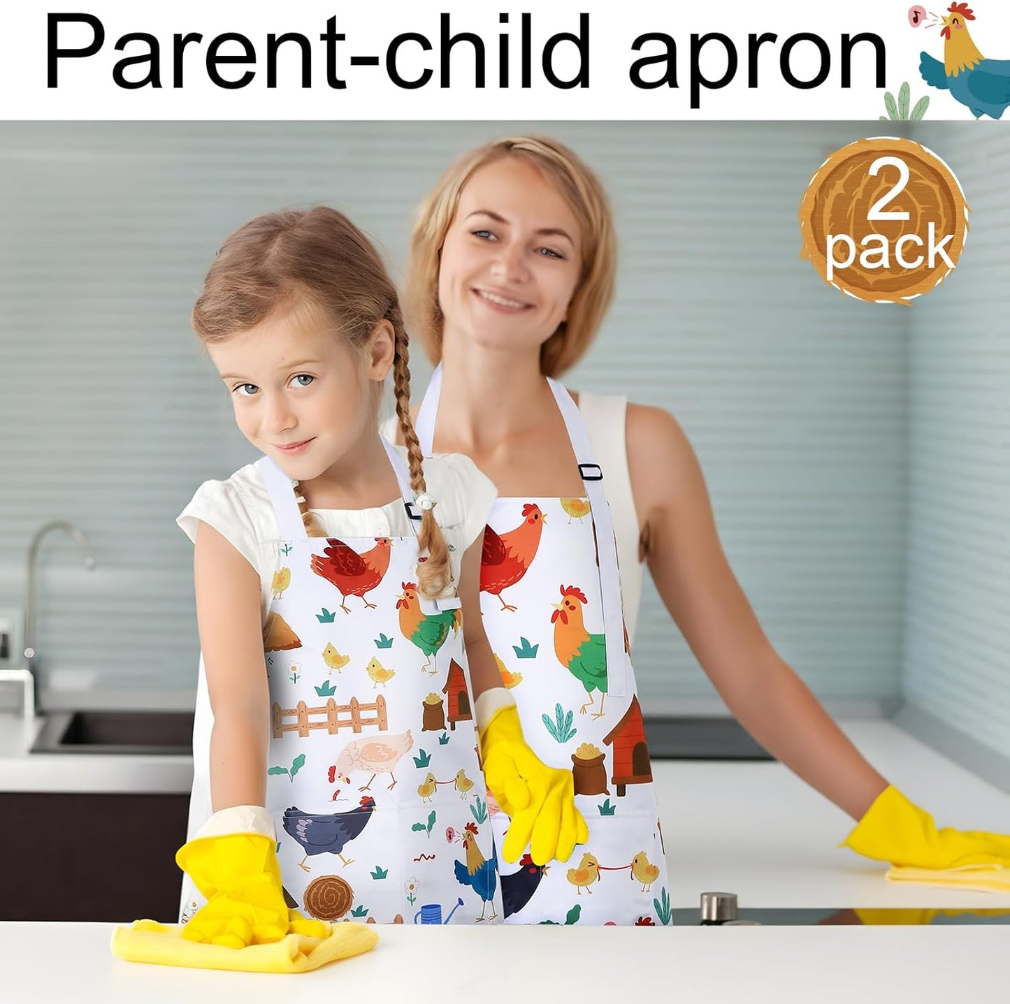 2 Pcs Parent Child Aprons, Mommy and Me Aprons, Adjustable Kitchen Apron with 2 Pockets, Cute Matching Apron