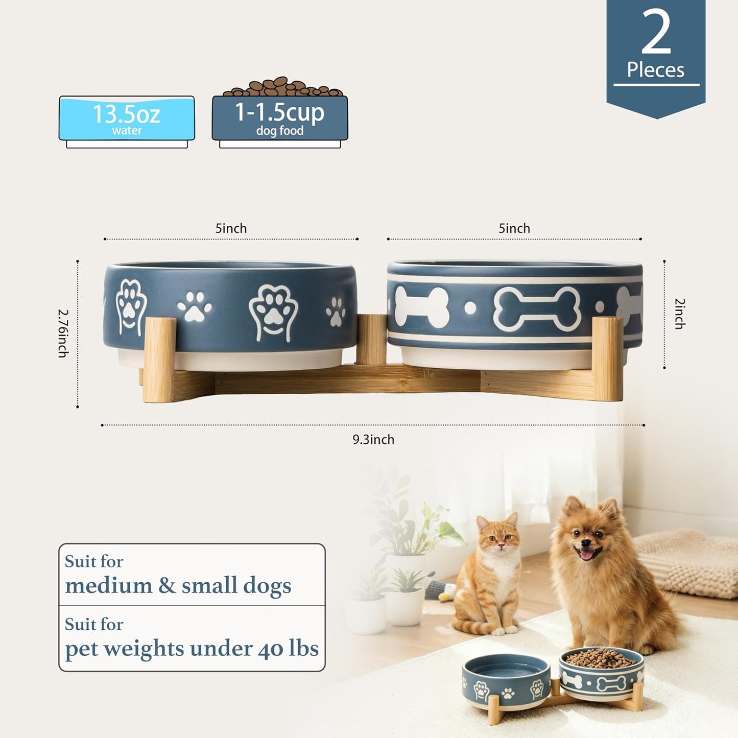 Dog Bowls Set with Stand, 1.5 Cups Ceramic Puppy Bowls for Dogs, Dual Dog Food and Water Bowls with Bone Pattern,Weighted Non-Slip Base (S-1.5 Cups)