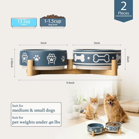 Dog Bowls Set with Stand, 1.5 Cups Ceramic Puppy Bowls for Dogs, Dual Dog Food and Water Bowls with Bone Pattern,Weighted Non-Slip Base (S-1.5 Cups)