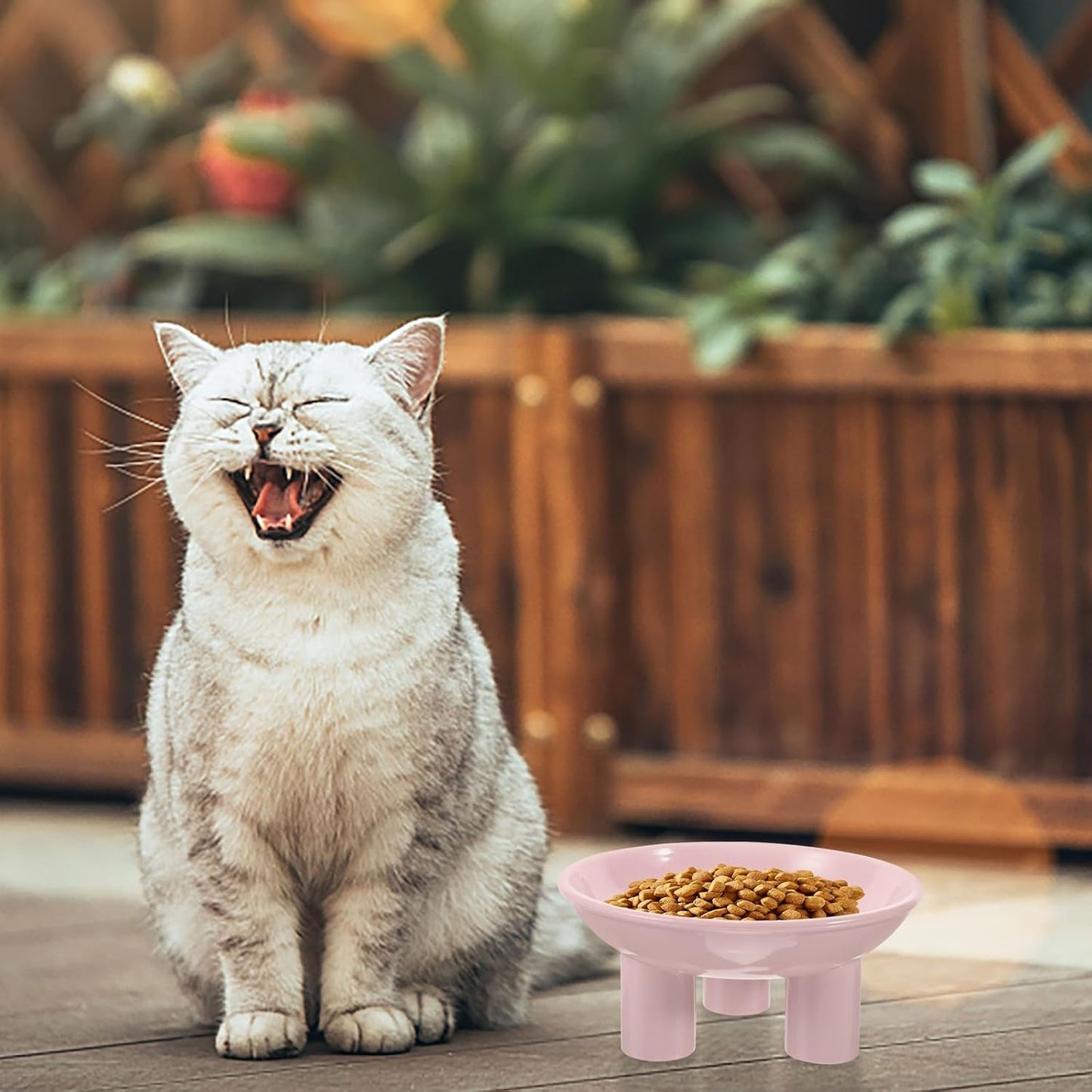 FAVOMOTO Elevated Cat Food Bowl Raised Pet Feeding Dish with Three-Leg Stand Neck Protection Large Opening Pink for Indoor Cats and Dogs