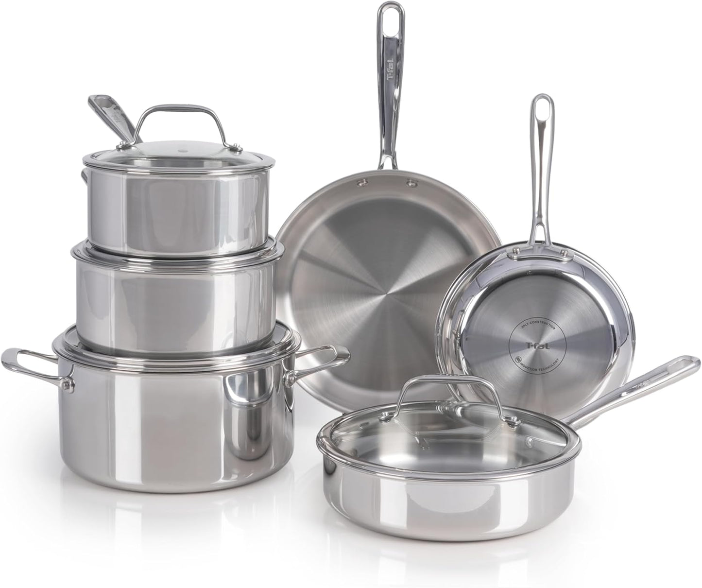 T-fal Pro Tri-Ply Stainless Steel Cookware Set, 10 Piece-Induction Compatible, Oven Safe 500F, Lids-350F, Even Heat, Professional Quality, Durable, Induction Pots and Pans Set, Silver