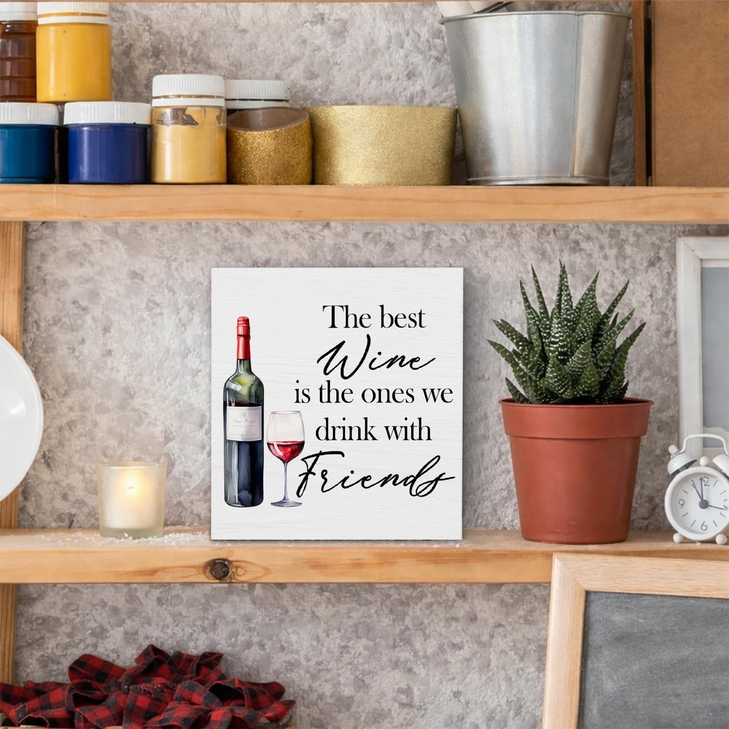Wine Bar Decor Wooden Box Sign, the Best Wine Is the Ones We Drink with Friend Wood Signs for Bar Cart Pub Home Kitchen Lounge Desk Table Shelf Decor, 5x5 Inch