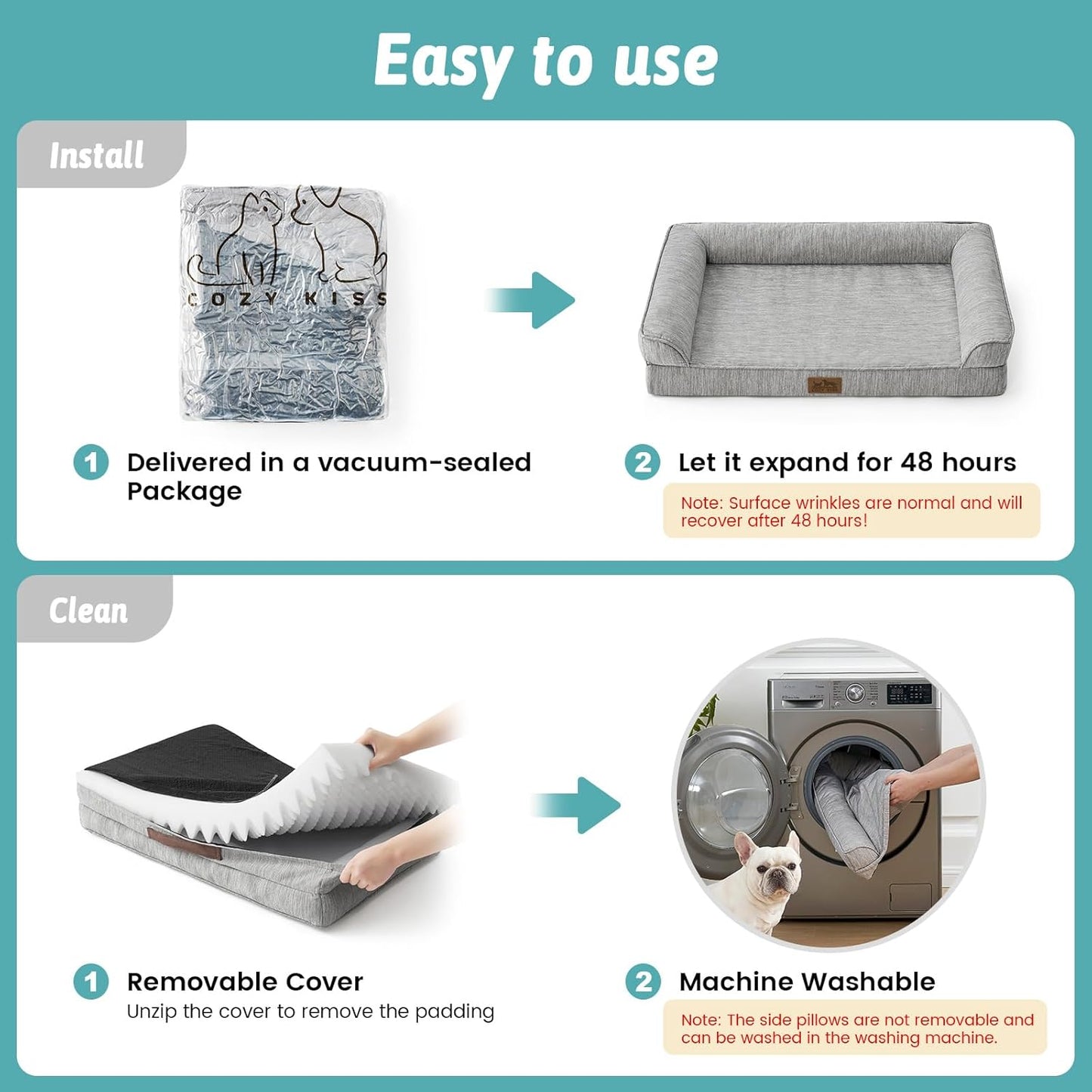 Cooling Dog Bed, Orthopedic Foam Dog Bed with Sides, Removable Washable Cover & Waterproof Lining and Nonskid Bottom, Comfortable Pet Beds for Large Dogs, Grey (42" L x 30" W x 7" Th)