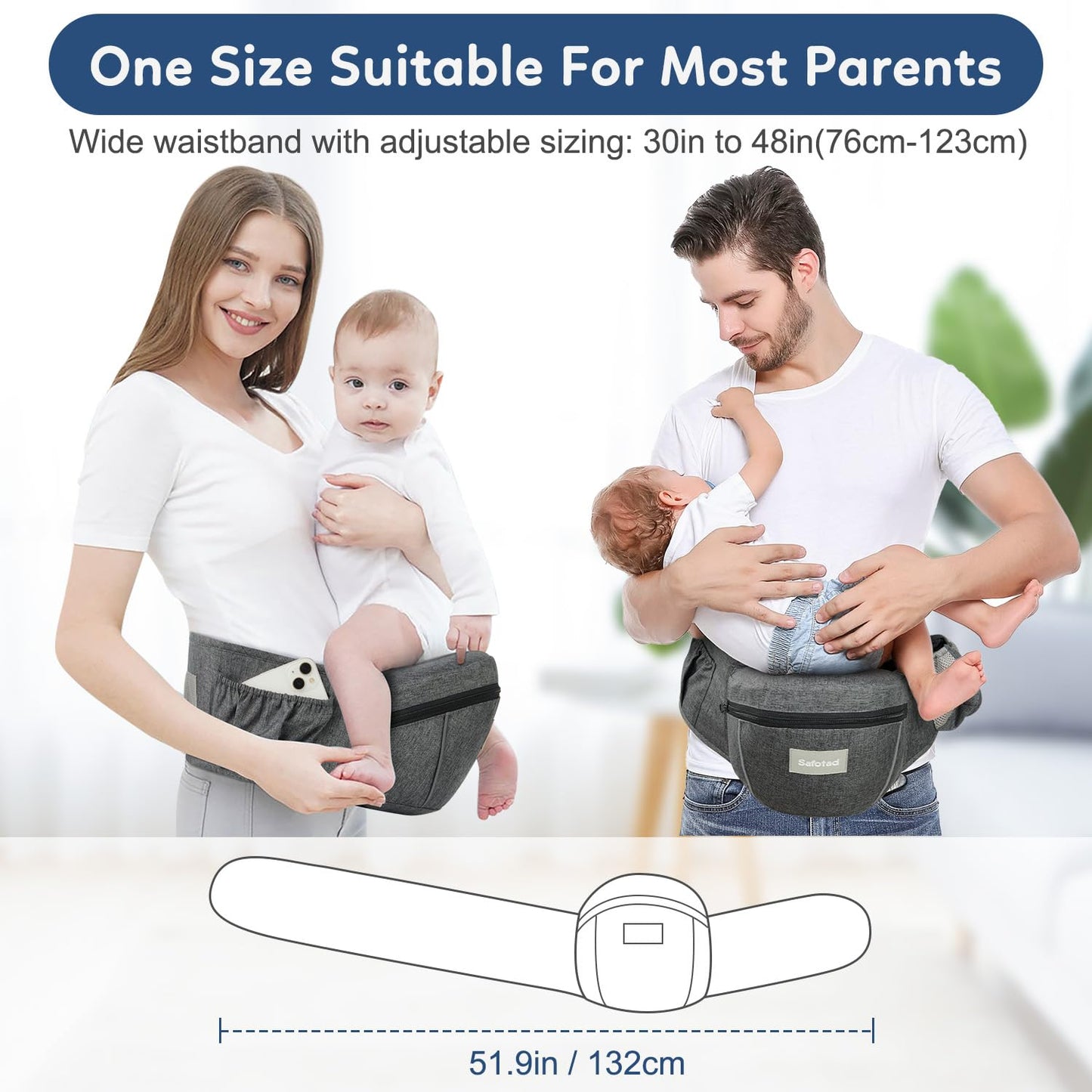 Baby Carrier with Hip Seat, Ergonomic Front Carrier for Newborns & Toddlers, Adjustable Waistband with Strong Support, Large Pocket Design, Grey