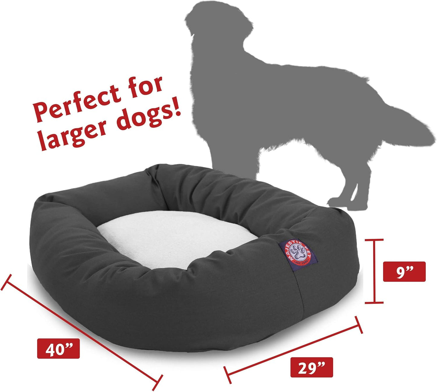 Majestic Pet 40 Inch Poly-Cotton Sherpa Calming Dog Bed Washable – Cozy Soft Round Dog Bed with Spine for Head Support - Fluffy Donut Dog Bed 40x29x9 (inch) – Round Pet Bed Large - Gray