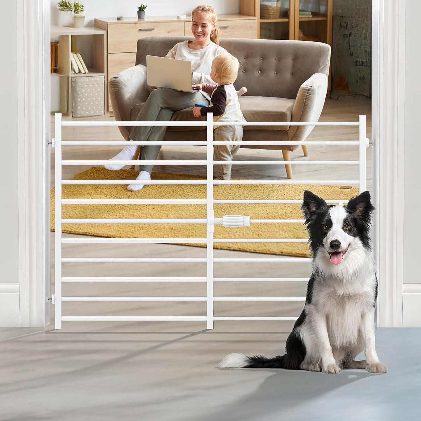 Malier Quick and Easy Setup & Removal Metal Baby Gate for Babies and Pets, 30'' Tall Pressure Mounted Dog Gate for Stairs, 29.5"- 45" Wide Safety Expandable Indoor Dog Gates for Doorway (White, 30''H)