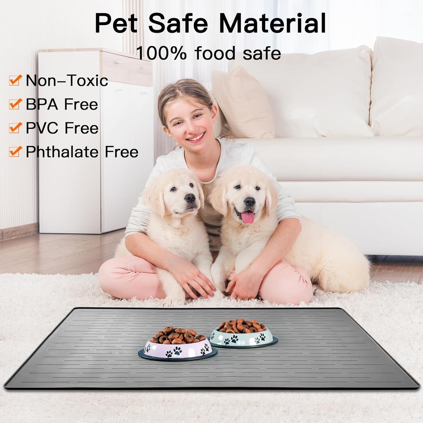 39.4"x29.5" Large Pet Food Mat, Silicone Dog Mats for Food and Water, Nonslip Pet Feeding Mats for Floors,Dog Cat Bowl Mat with Raised Edges, Black