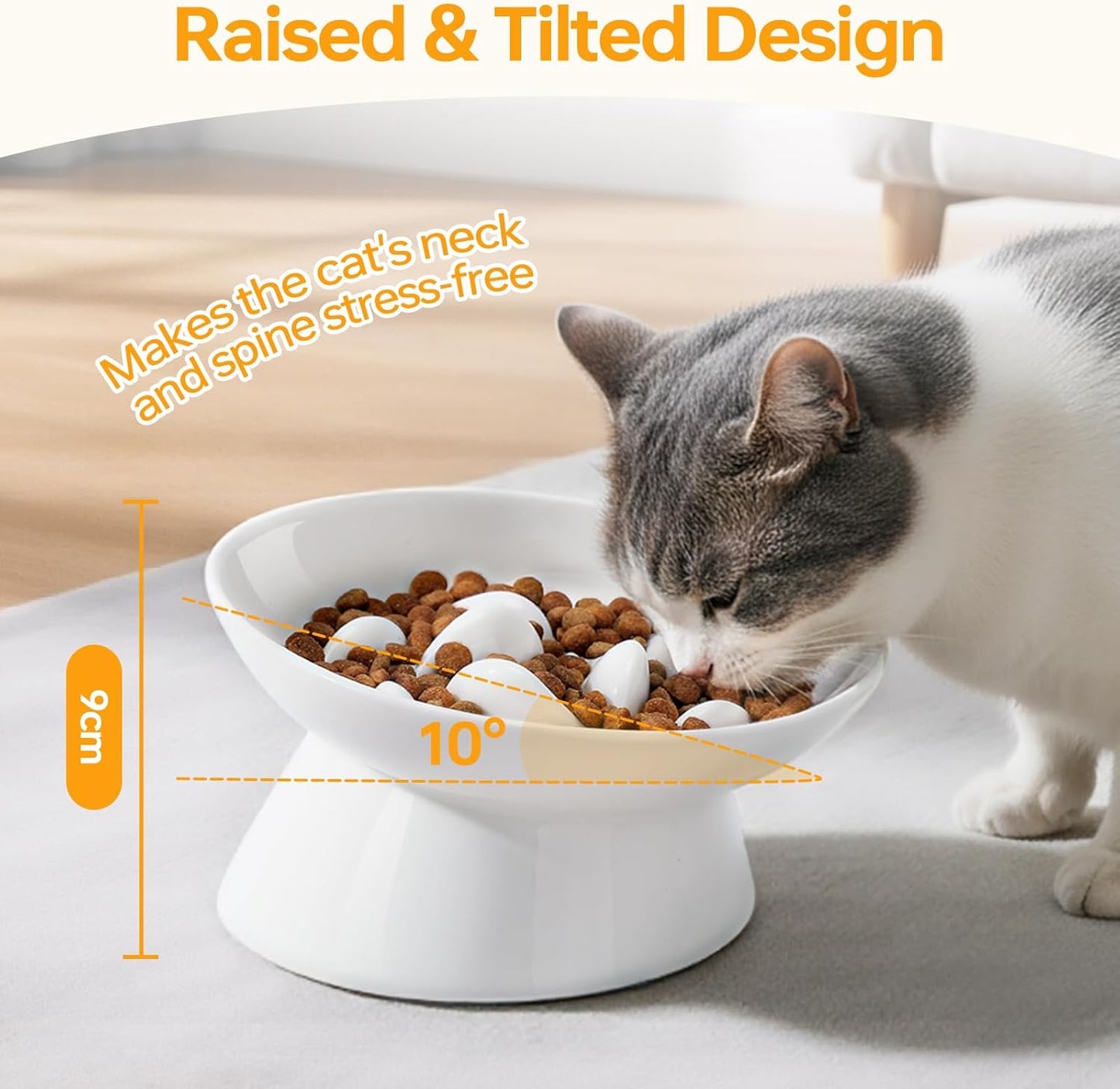 PETTOM Slow Feeder Cat Bowl with Stand, 2 Pack Ceramic Raised Tilted Cat Slow Feeder Bowl