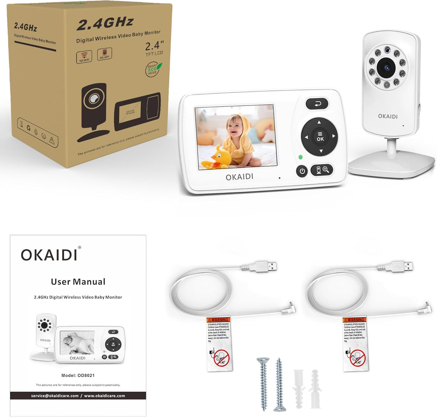 OKAIDI Video Baby Monitor with Camera and Audio, 2.4'' Portable Travel Baby Monitor No WiFi, Infrared Night Vision, VOX Mode, 1000ft Long Range, Ideal for Baby/Pet/Elderly