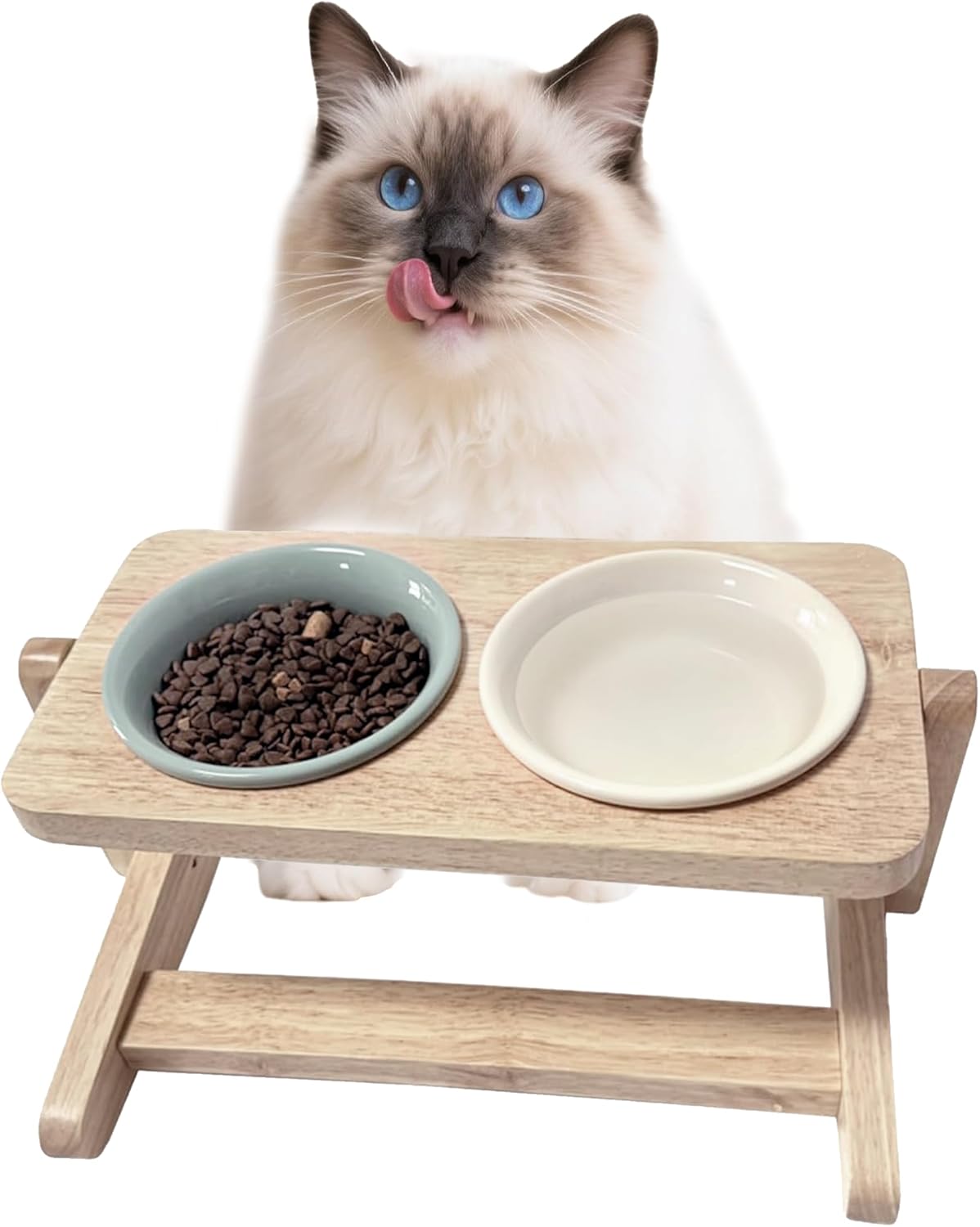 Elevated Cat Bowl, 12 Ounce Ceramic Raised Cat Bowl for Dry and Wet Food, 2 Dishs with Adjustable Wood Stand, for Indoor Kitten, Cats and Puppy, Dishwasher Safe (Cream+Green