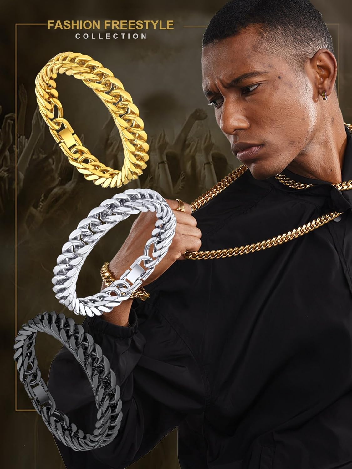 ChainsHouse Stainless Steel Cuban Link Bracelet, 8mm/12mm/17mm Width, 7.5"/8.3"/9", 18K Gold Plated Chain Wrist Bracelets for Men Women, Send Gift Box