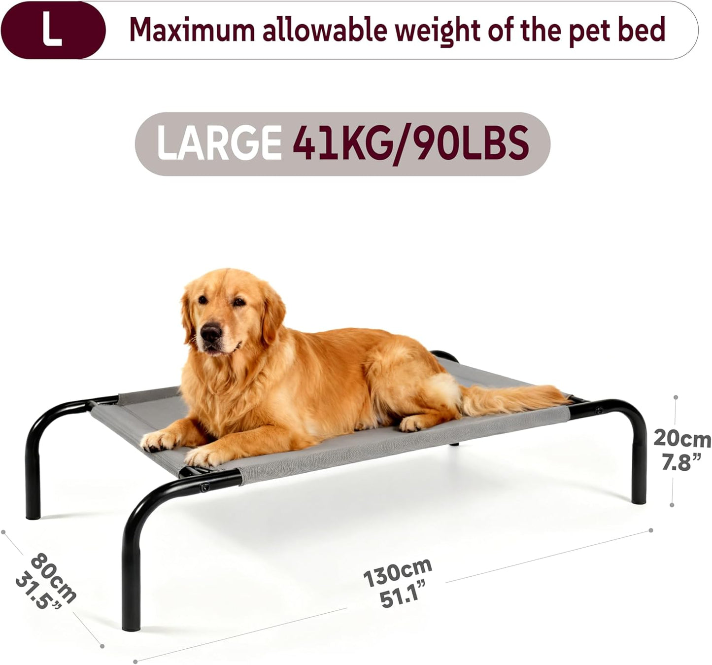 Elevated Dog Bed with Breathable Mesh Fabric, Raised Pet Cot with Airflow and Support, Durable and Easy to Clean (Grey, Large)