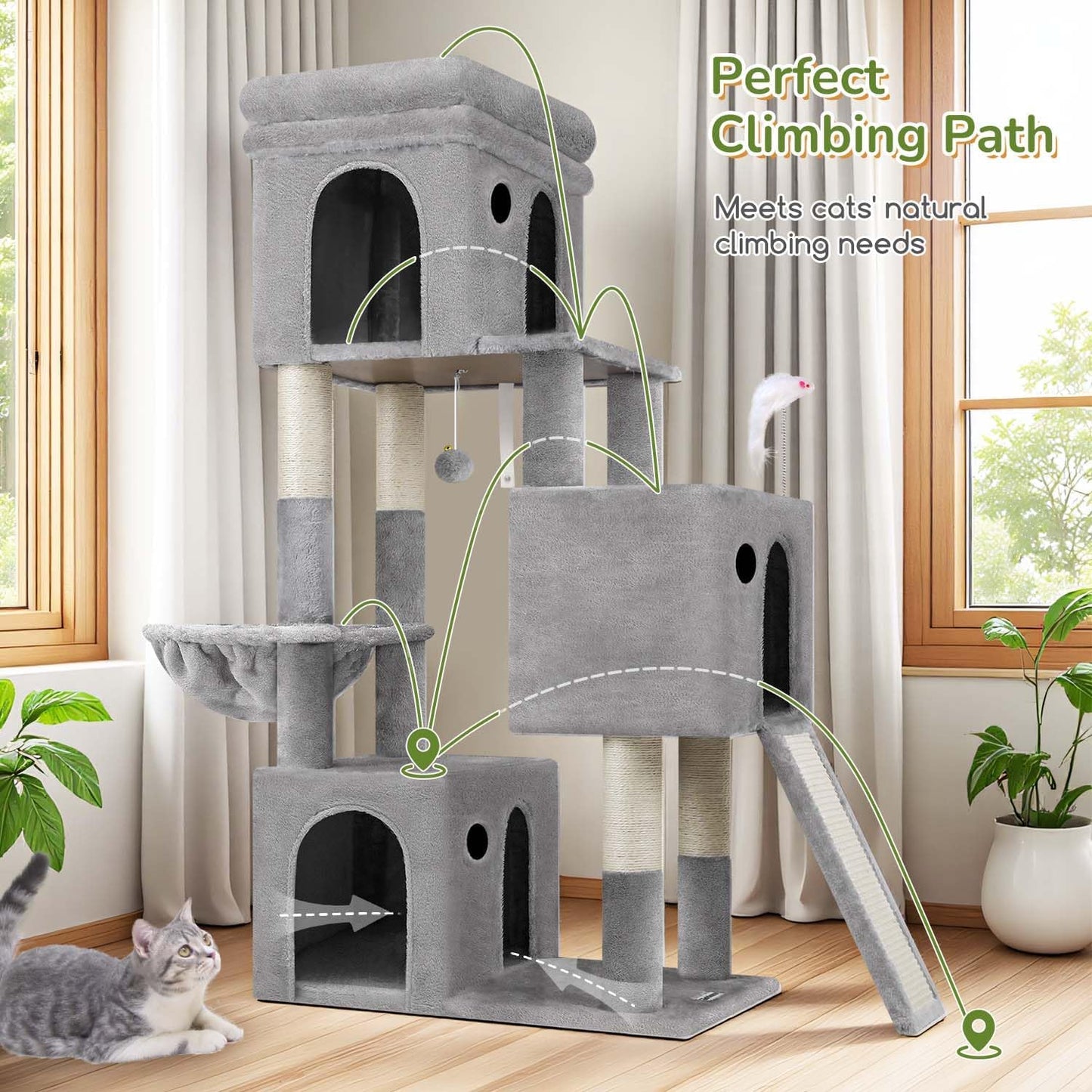 Globlazer Cat Tower for Multiple Indoor Cats, 52 inch Heavy Duty Cat Tree with 3 Condos, Plush Cat Condo with Scratch Posts and Pad for Adult Cats Kitten, Padded Perch, Basket Bed, F52B, Light Grey