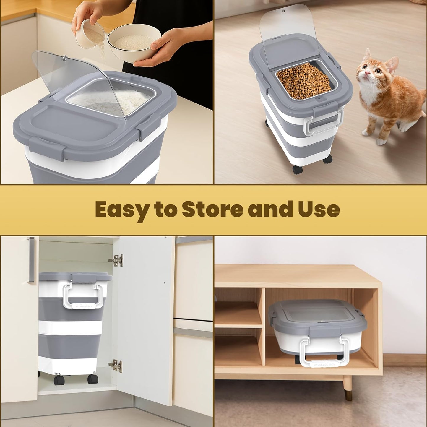 HOYTAMDA 25-35Lbs Rice Container,Collapsible Airtight Food Storage Containers with Wheels,Handle,Rice Storage Container with Small Bin and Scoop,Rice Dispenser for Flour Sugar Cereal Grain Dog Cat