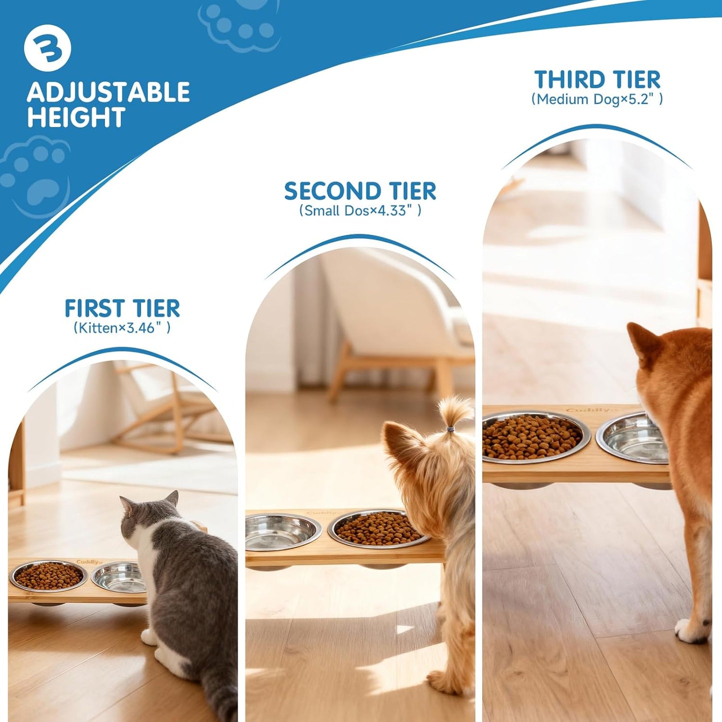 Elevated Dog Bowls for Small Dogs and Cats - 3 Heights Adjustable Bamboo Raised Pet Food Bowl Stand with Spill-Proof Non-Slip Mat, 2 Stainless Steel Dishes, 15° Tilted Ergonomic Feeder