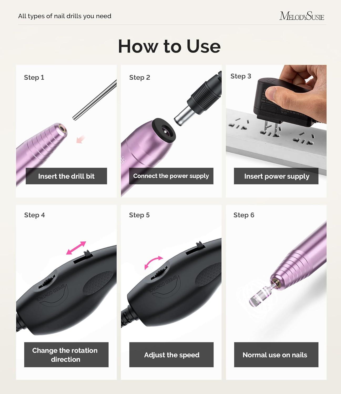 MelodySusie Pen-Shaped Portable Nail Drill with AC Adapter, PC120B 20000RPM Electric File with Compact Design for All Nail Care, Manicure Polishing, Shaping & Gel Removal at Home for Beginners