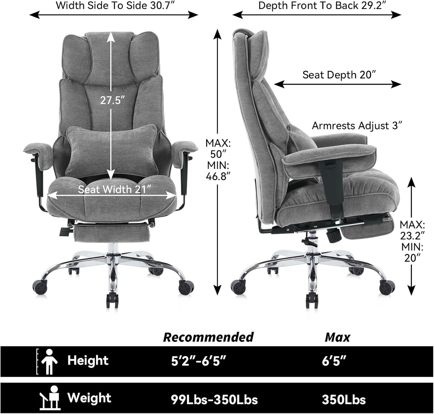 Efomao Executive Office Chair, Soft-Cushioned Computer Chair with Foot Rest, Fabric Home Office Desk Chairs, Big and Tall Office Chairs, Grey