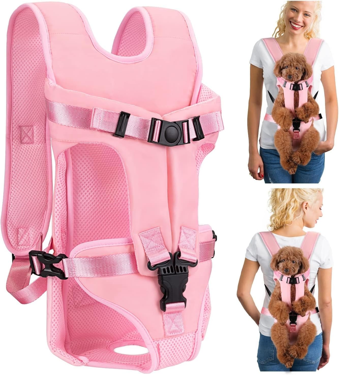 Dog Carrier Backpacks, Adjustable Dog Backpack Carrier, Legs Out Easy-fit Dog Chest Carrier for Medium Small Dogs, Hands Free Dog Front Carrier for Hiking, Cycling（Pink M）