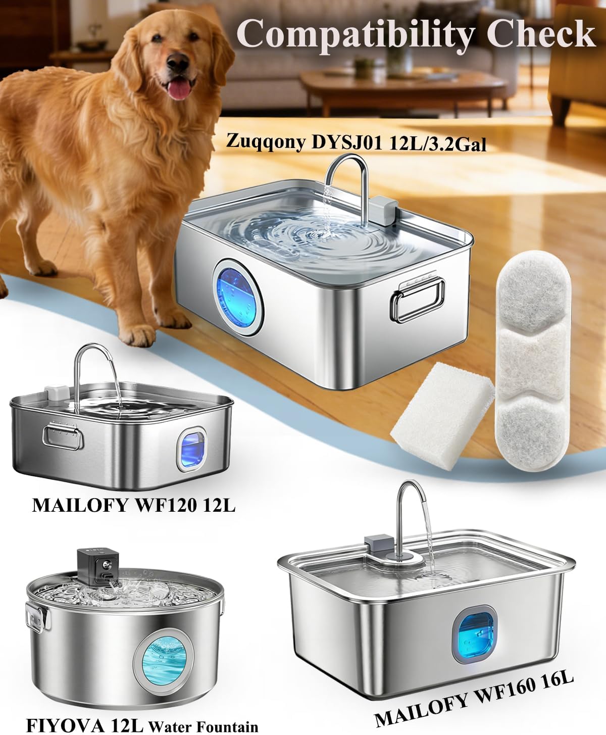 12-Pack Dog Water Fountain Filters Compatible with Zuqqony DYSJ01 12L Water Fountain,Pet Water Replacement Filters fit for MAILOFY WF160 16L & WF120 12L FIYOVA Pet Water Dispenser with Visible Window