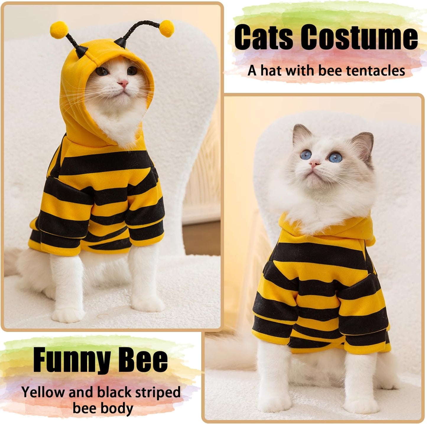 DENTRUN Sphynx Hairless Cats Costume Funny Bee Warm Winter Sweater Cute Pullover Kitten Shirts Breathable Cat Leisure Wear Turtleneck Vest Adorable Cat's Clothes Jacket Pajamas Jumpsuit, L