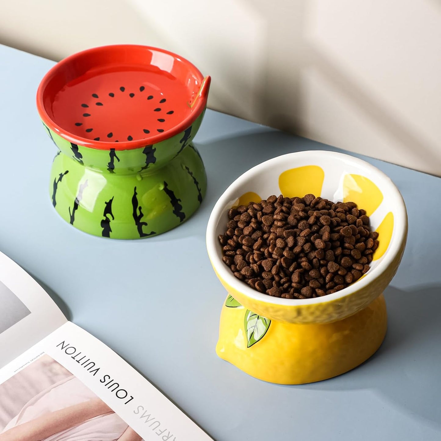 Ceramic Elevated Cat Food Bowl for Indoor Cats Tilted Food Bowls Cute Raised Cat Dish for Flat Faced Cats and Kitten (Watermelon Shaped, Medium)