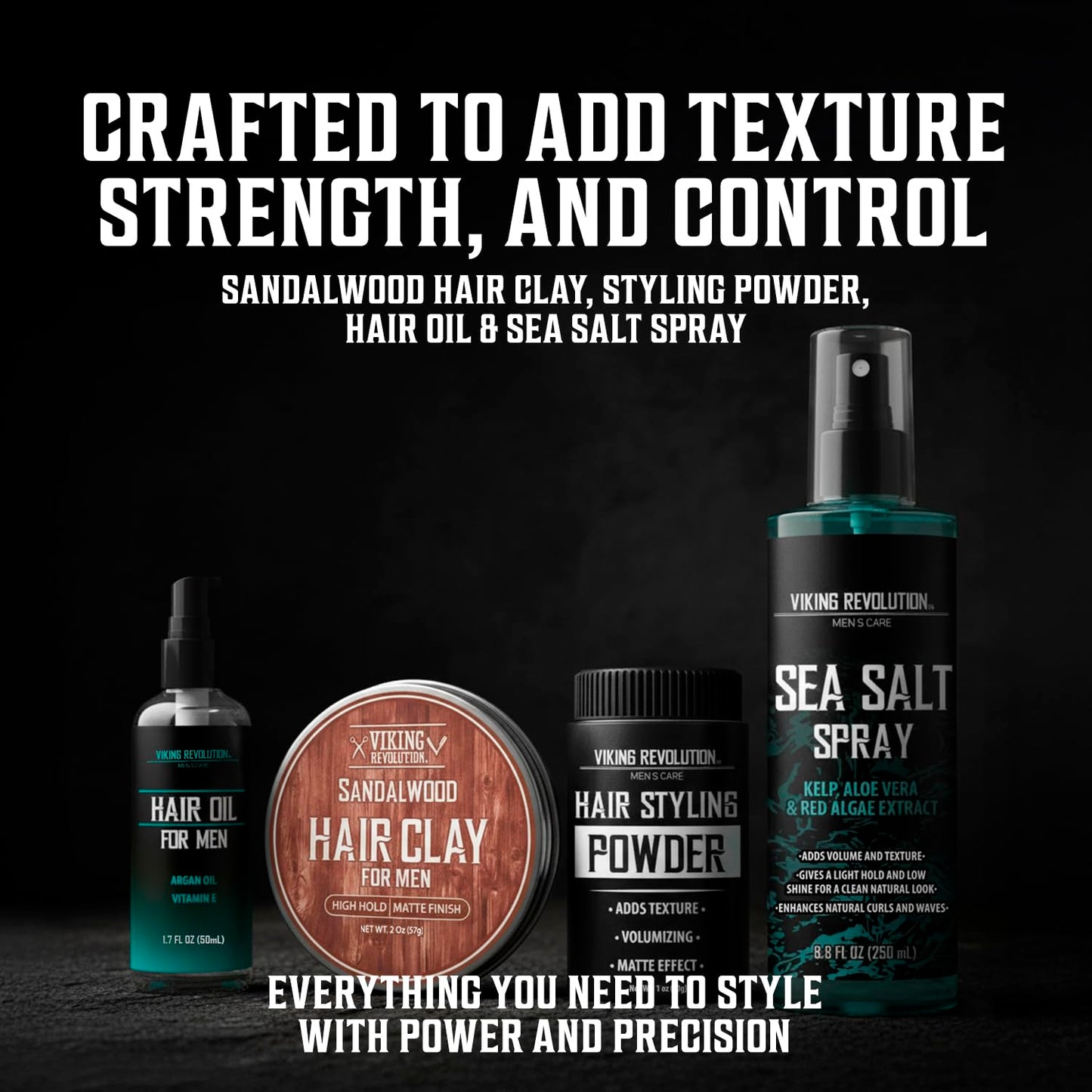 Viking Revolution Ultimate Hair Care Collection - Styling Hair Kit Includes Sea Salt Spray (8.8fl oz), Texture Powder (1oz), HairClay (2 oz), Comb Set (6 Pieces) and Oil (1.7fl oz) - Men Gifts