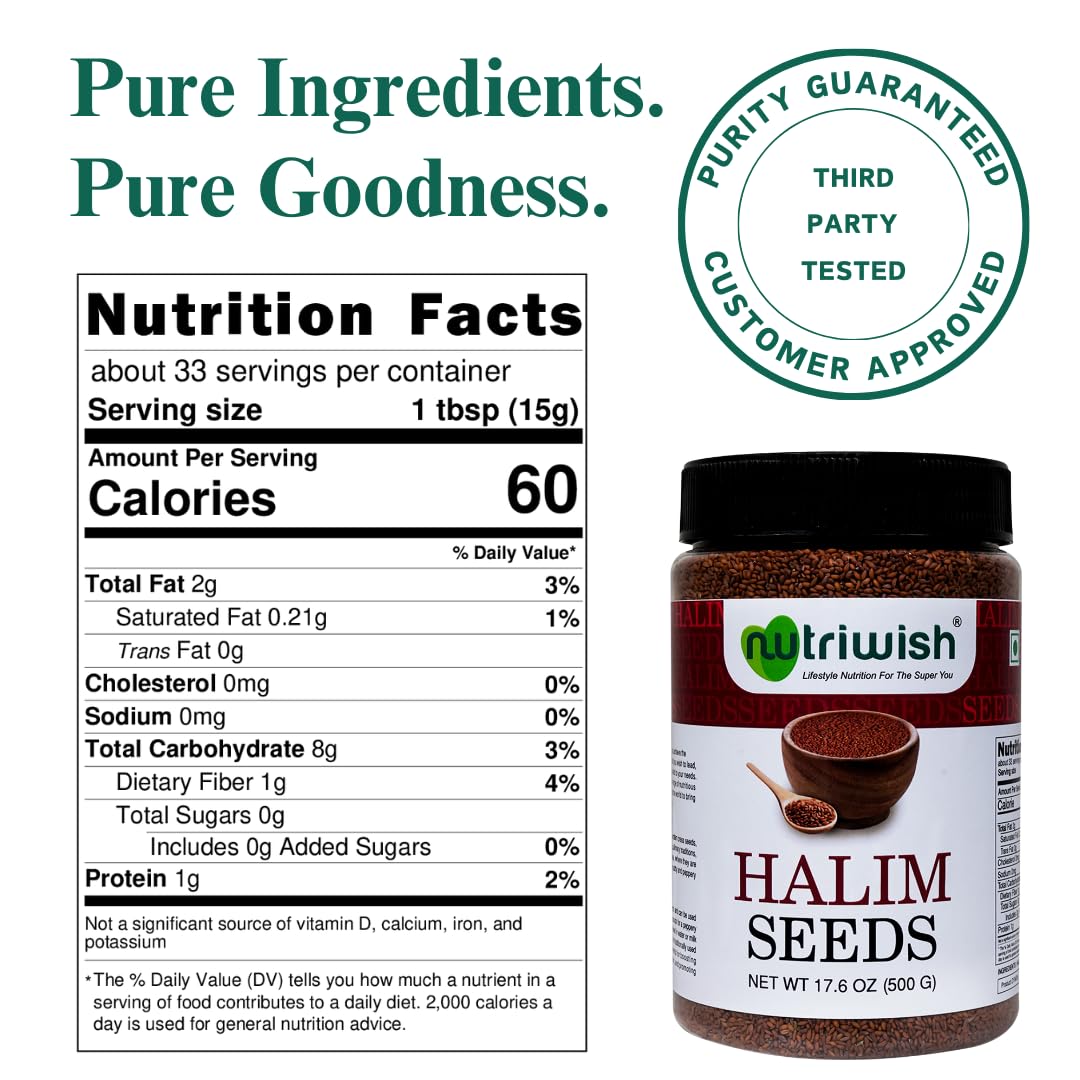 Nutriwish Natural Halim Seeds | 17.6 oz (500 g) | Pure & Natural Garden Cress | Safe & Beneficial Aliv Seeds | Halim Aliv Garden Cress Seeds for Eating | No Additives | High Protein Snack |