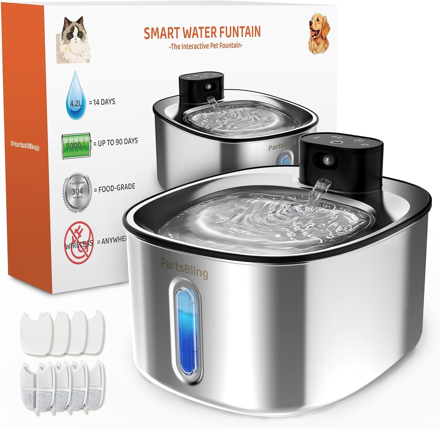 PartsBling Wireless Cat Water Fountain Stainless Steel, 4.2L/142 fl oz Cordless Pet Water Dispenser Bowl with 5000 mAh Rechargeable Battery with 4 Filters (Black Pump)