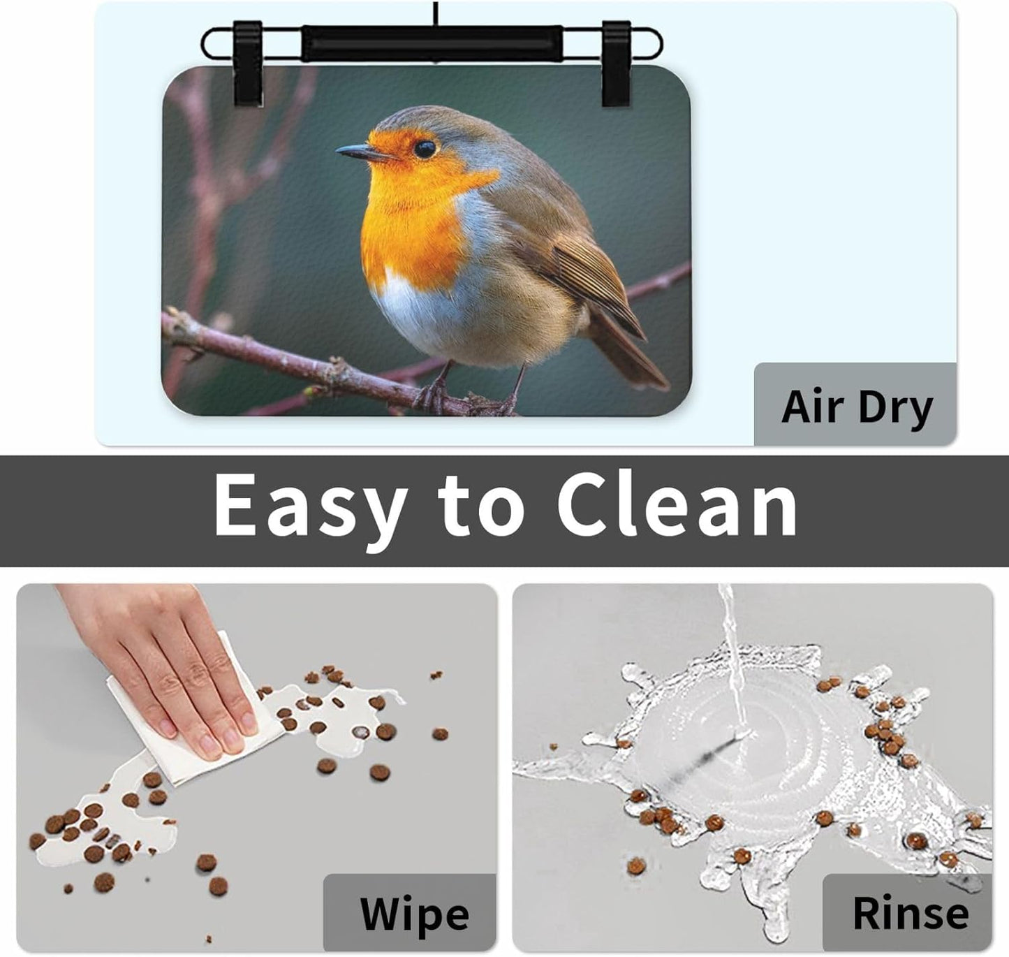 Pet Feeding Mat Leather Dog Food Mat Waterproof Pet Tablecloth Robin on Branch Pet Placemat for Dogs Absorbent Dog Bowl Mat Anti-Slip Dogs Mats for Food and Water