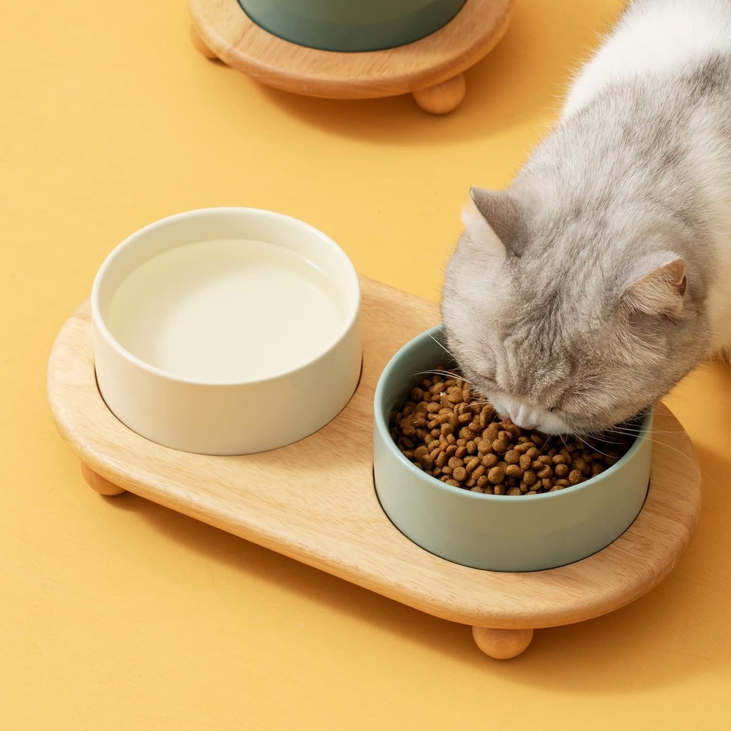 Ceramic Elevated Dog Bowls, Food and Water Bowls for Dogs, Puppy, Raised Dog Dish, Pet Feeder(6inch, 2 x Light Yellow + Stand)