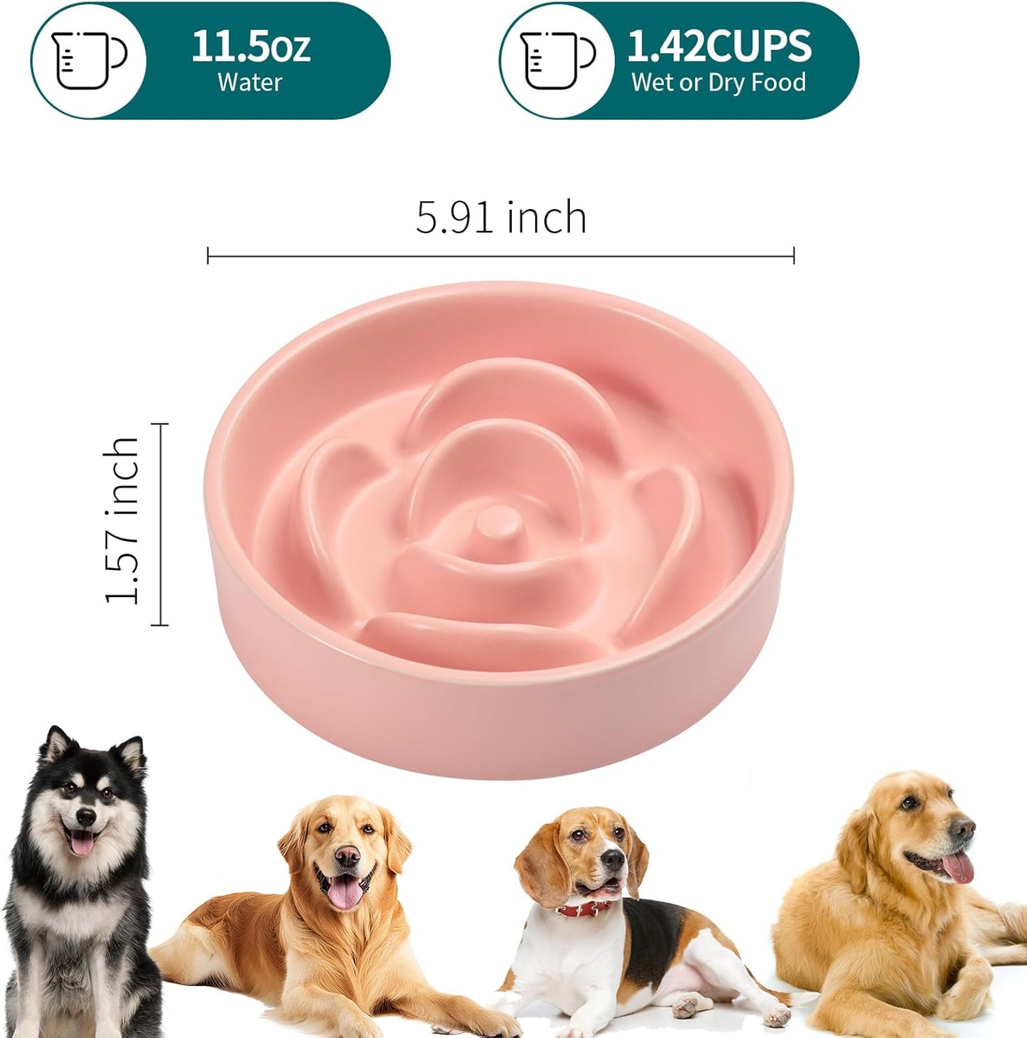 Pink Ceramic Slow Feeder Dog Bowl for Medium and Large Breeds,6.1 in Slow Feeding Bowl,Puzzle Dog Food Bowl for Fast Eater,Maze Dish for Fast Eater