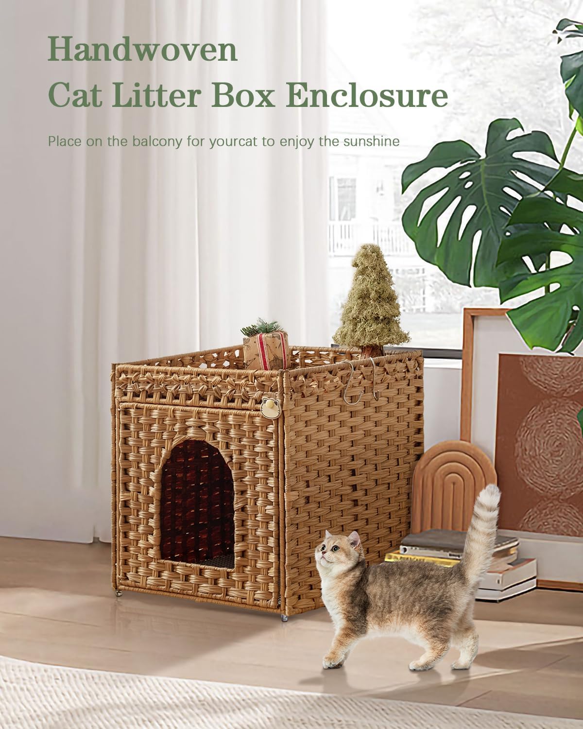 Cat Litter Box Enclosure Furniture, Hidden Litter Box with Mat and Fence, Handwoven Rattan Cat House with Two S-Shaped Hooks for Living Room, Bedroom, 18.5 x 20.5 x 19.1 Inches (Natural)