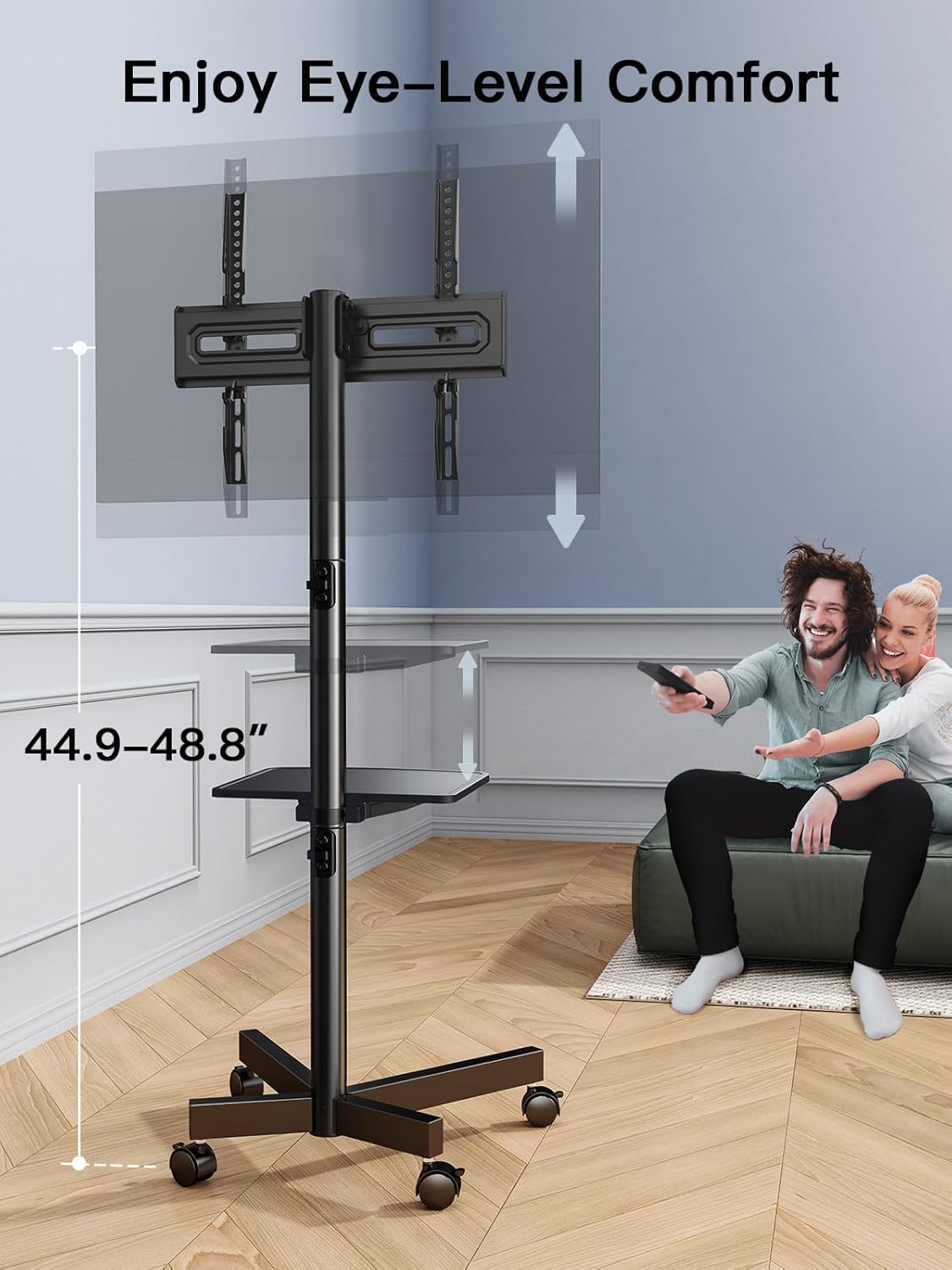 PERLESMITH Rolling TV Stand on Wheels for 23-60 Inch Flat Curved Screen TVs, Mobile TV Cart Holds up to 99 lbs -Portable TV Stand Adjustable Height with Shelf/Tray, Max VESA 400x400mm, PSTVMC04