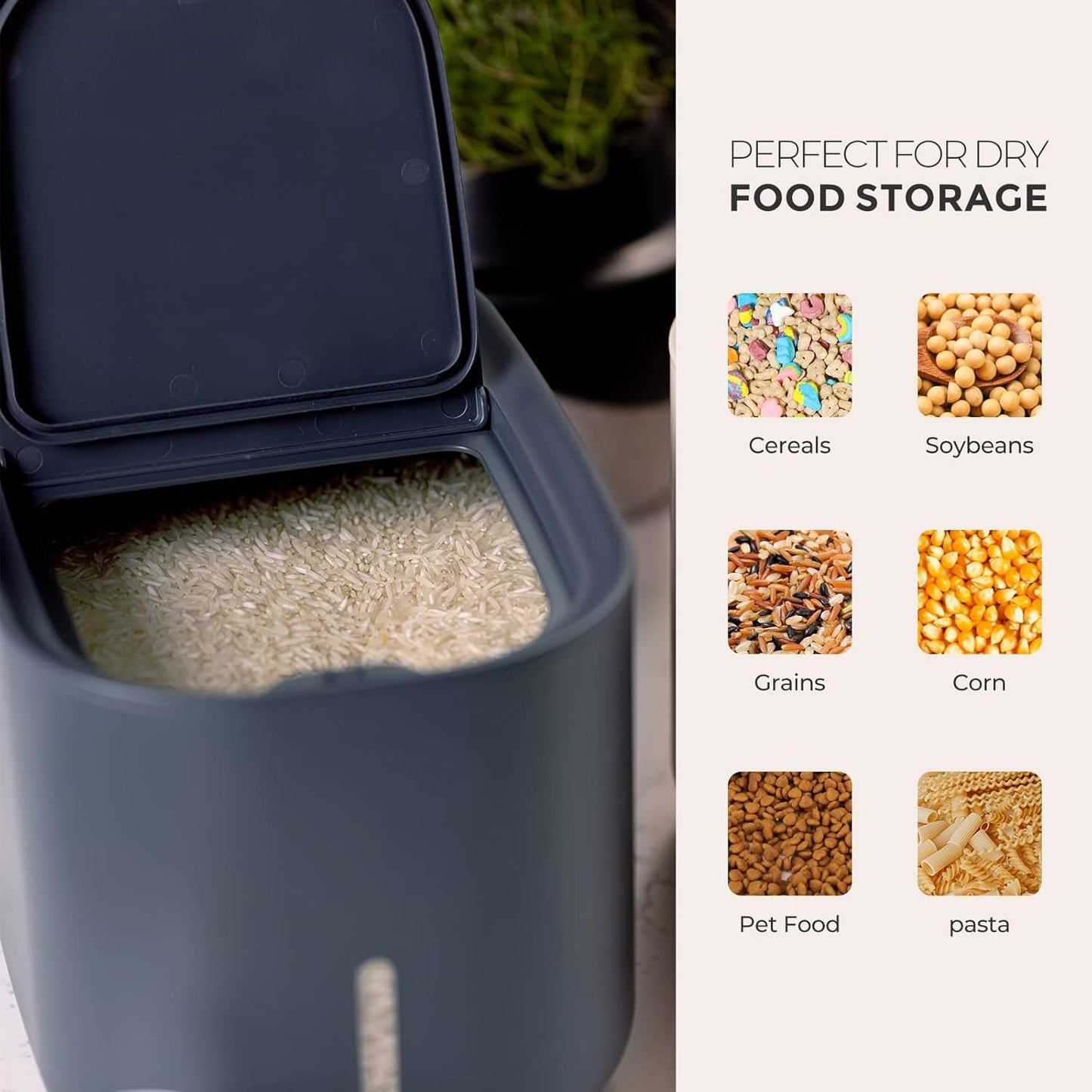 Zuutii Rice Storage Container,Food Container, Dry Food Storage, 7.2lbs Pet Food Dispenser, 11lbs Large Storage Bin with Lid,Silicone Ring & Moisture Proof, for Grain Cereal Soybean Corn, Dark Gray