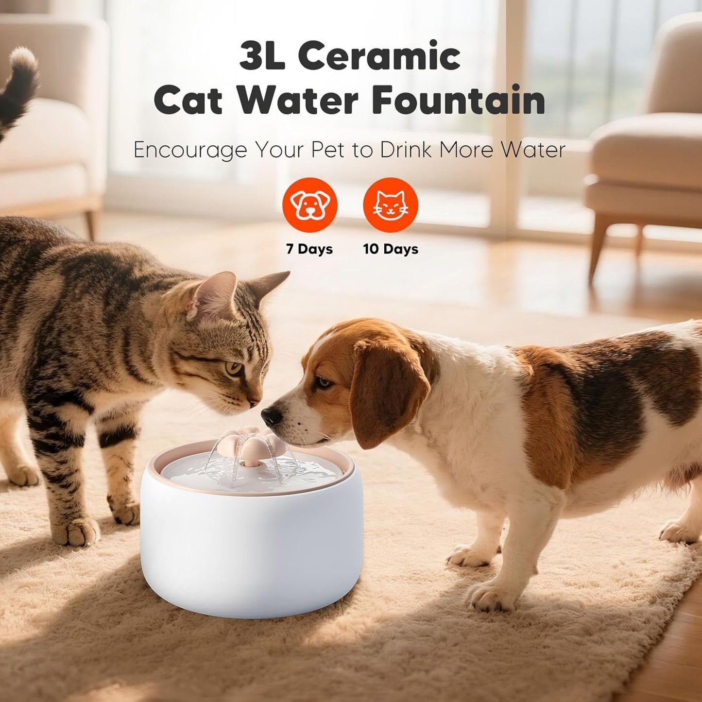WOPET Wireless Cat Water Fountain, 3L/101oz Ceramic Automatic Pet Water Dispenser for Cats, Battery Operated Cordless Dog Water Fountain with Motion Sensor, Ultra Quiet Wireless Pump, Dishwasher Safe