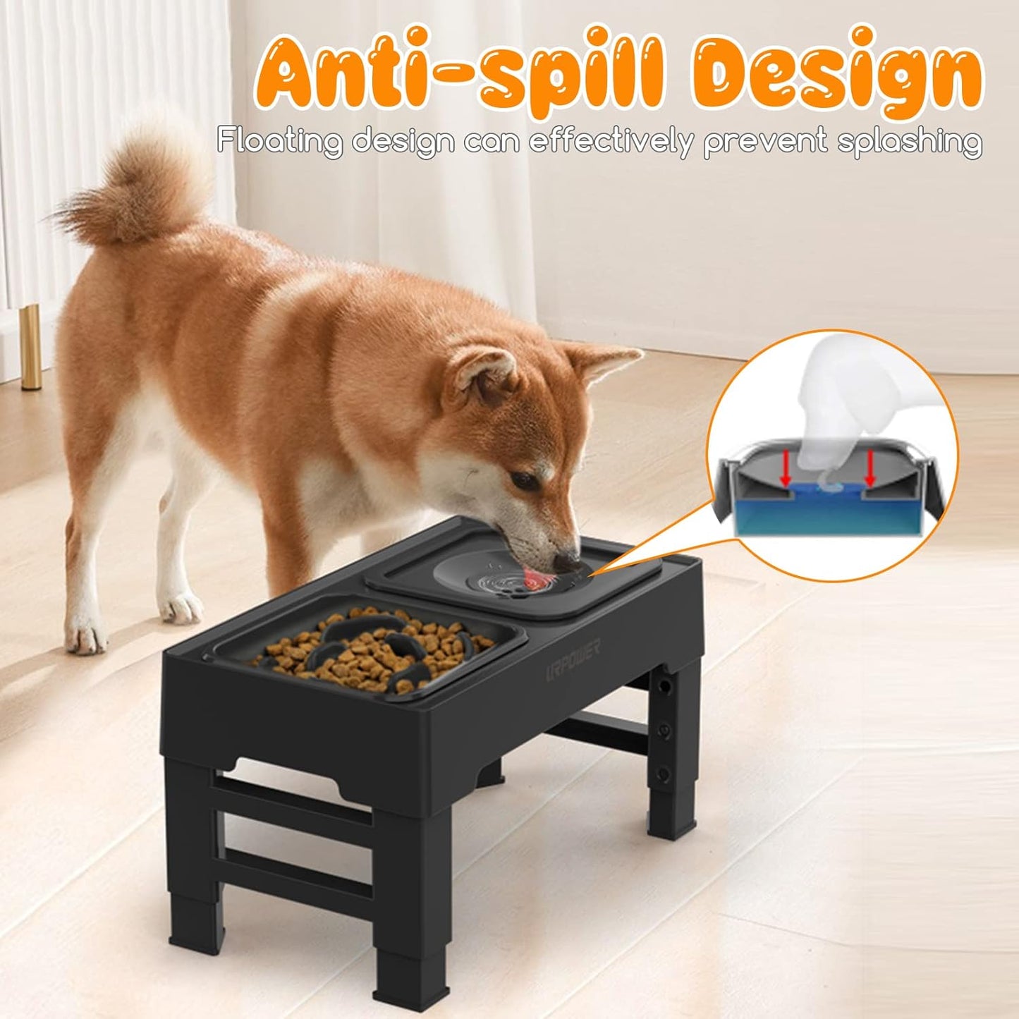 URPOWER 2-in-1 Elevated Slow Feeder Dog Bowls with No-Spill Water Bowl, 4 Height-Adjustable Raised Dog Bowls, Non-Slip Food and Water Bowls with Stand for Small, Medium, Large Dogs, Cats and Pets