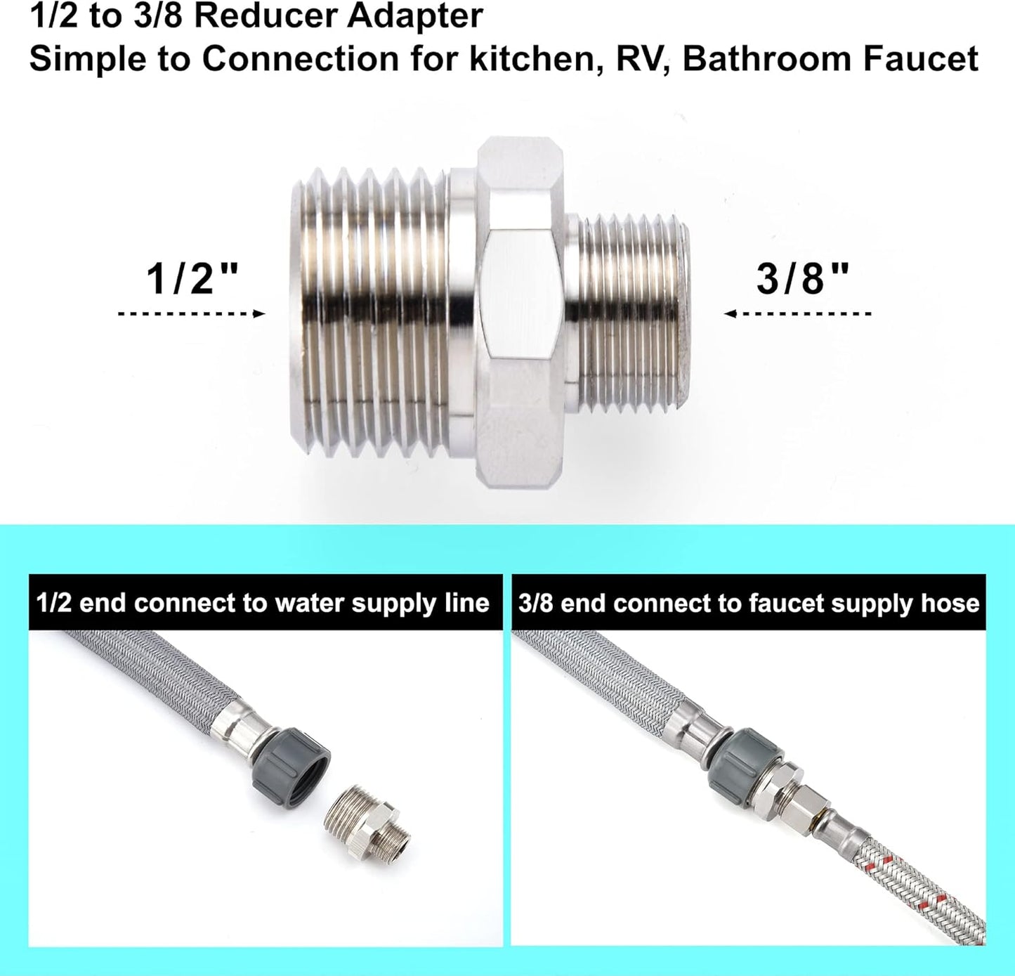1/2 to 3/8 Reducer Faucet Adapter - Compression Brass Pipe Fitting, 3/8 Male to 1/2 Male Supply Line Adapter for RV Kitchen Plumbing, Water Hose Pipe Connector with Rubber Washer, (2 Pack)