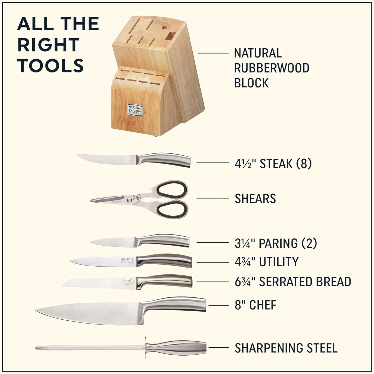 Chicago Cutlery Elston (16-PC) Kitchen Knife Block Set With Wooden Block, Sharp Stainless Steel Cutlerly Chef Knives Set With Scissors Shears & Knife Sharpener