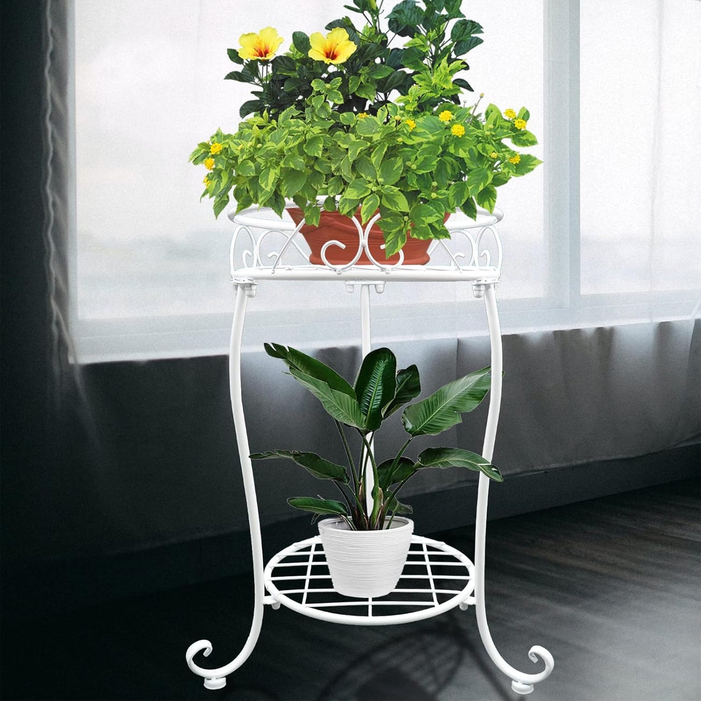 White Metal Plant Stand, 18.5 inch Tall 2 Tier Potted Holder Rack, Heavy Duty Flower Pot Shelf for Indoor Outdoor Patio Balcony Corner Garden