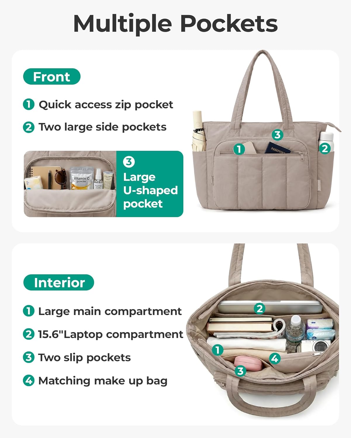 BAGSMART Tote Bag for Women, 2 Set Puffer Tote Bag with Zipper, Quilted Nurse Handbags for Work Travel College | 20L Capacity, 15.6'' Laptop Bag, with Cosmetic Bag, Carry on Bag, Nurse Gym Bag