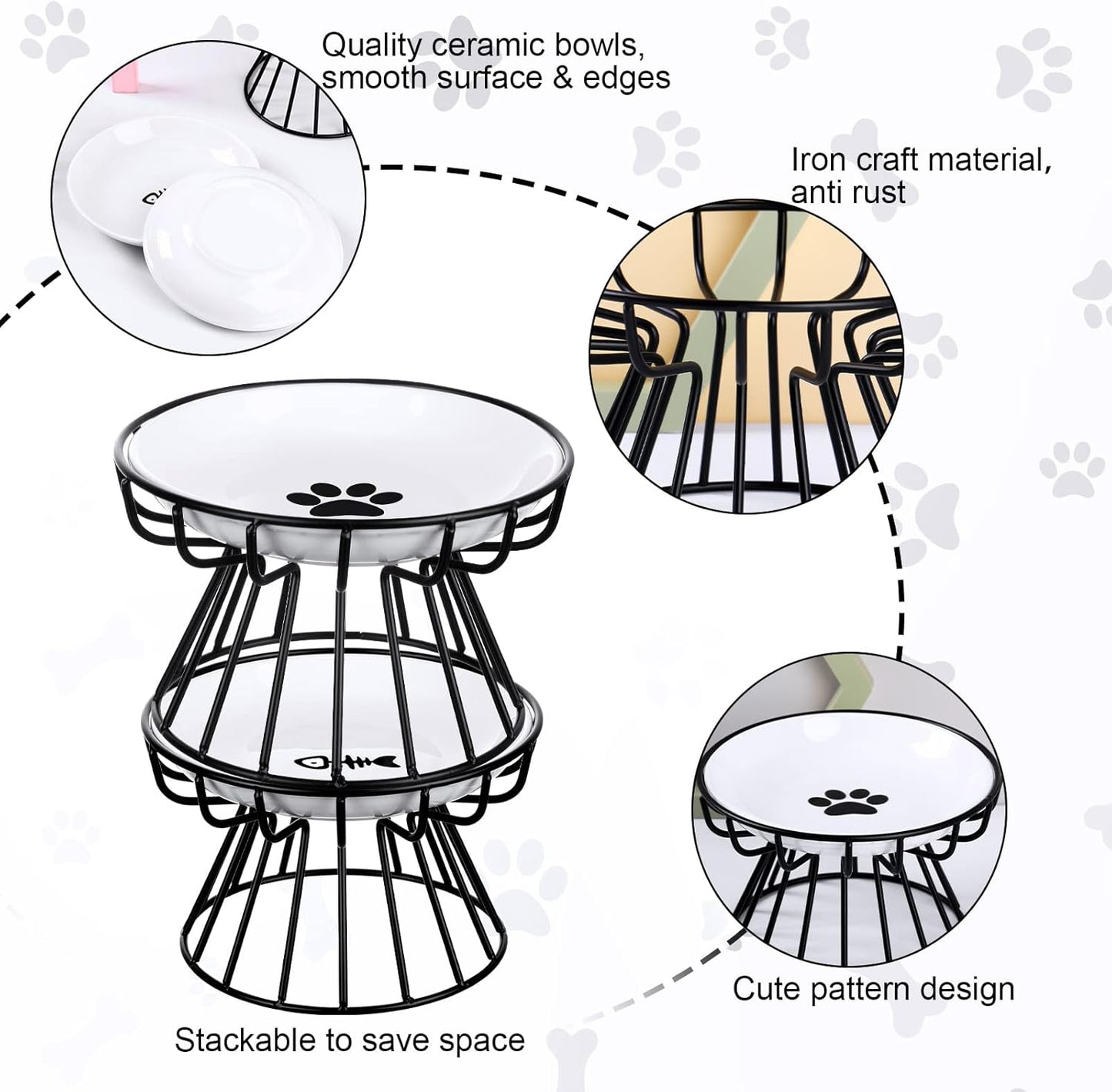 Rtteri 2 Pcs Elevated Cat Plate Set Anti Vomit Cat Bowls with Metal Stand, Shallow Ceramic Raised Feeding Station(Black)