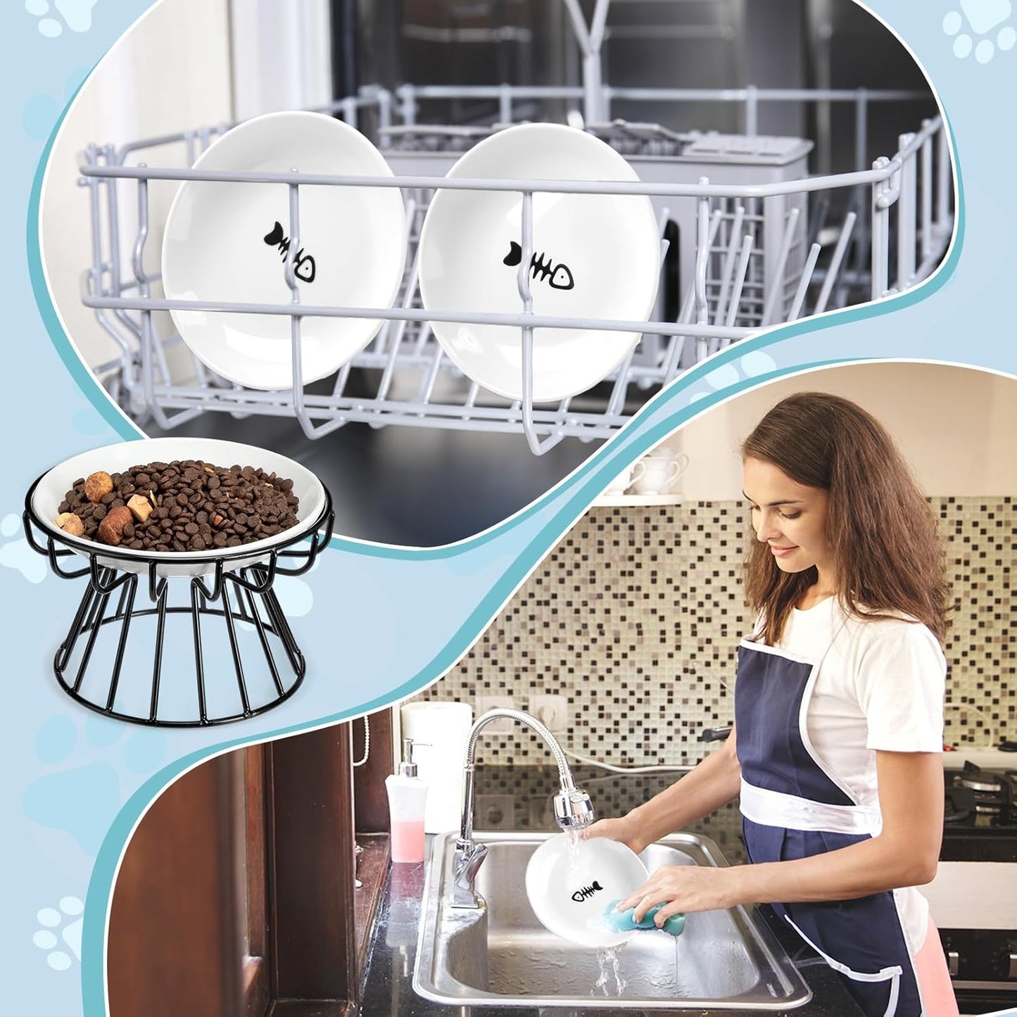 Roshtia 4 Sets Elevated Cat Bowls Ceramic Raised Cat Food Bowls with Metal Stand Dishwasher Safe Dishes Non Slip Elevated Food Plate(Black,Fishbone)