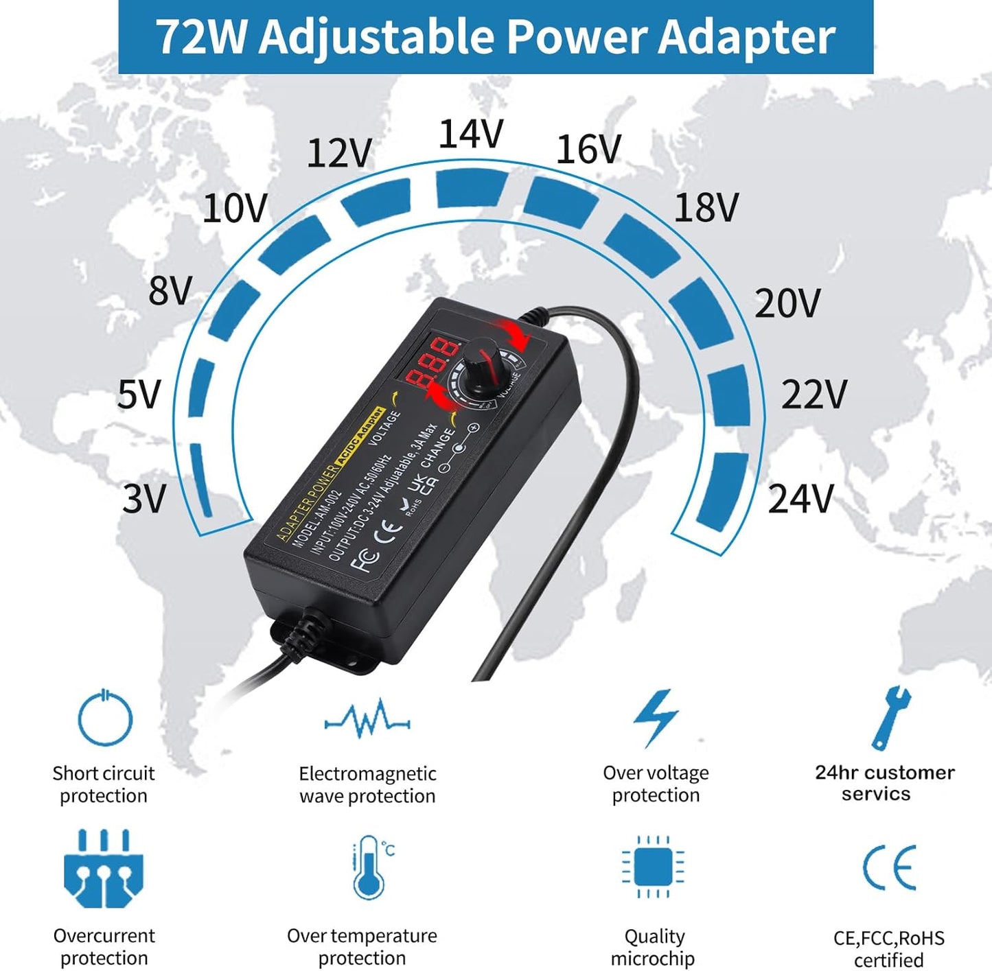 Adjustable Universal Power Supply 3V ~ 24V 3A 72W,100V-240V Switching AC/DC Adapter Converter with 5.5x2.1mm &14 Tips,9V 12V 15V 18V 20V 24V Variable Power Supply for LED Strip Light Printer Speaker