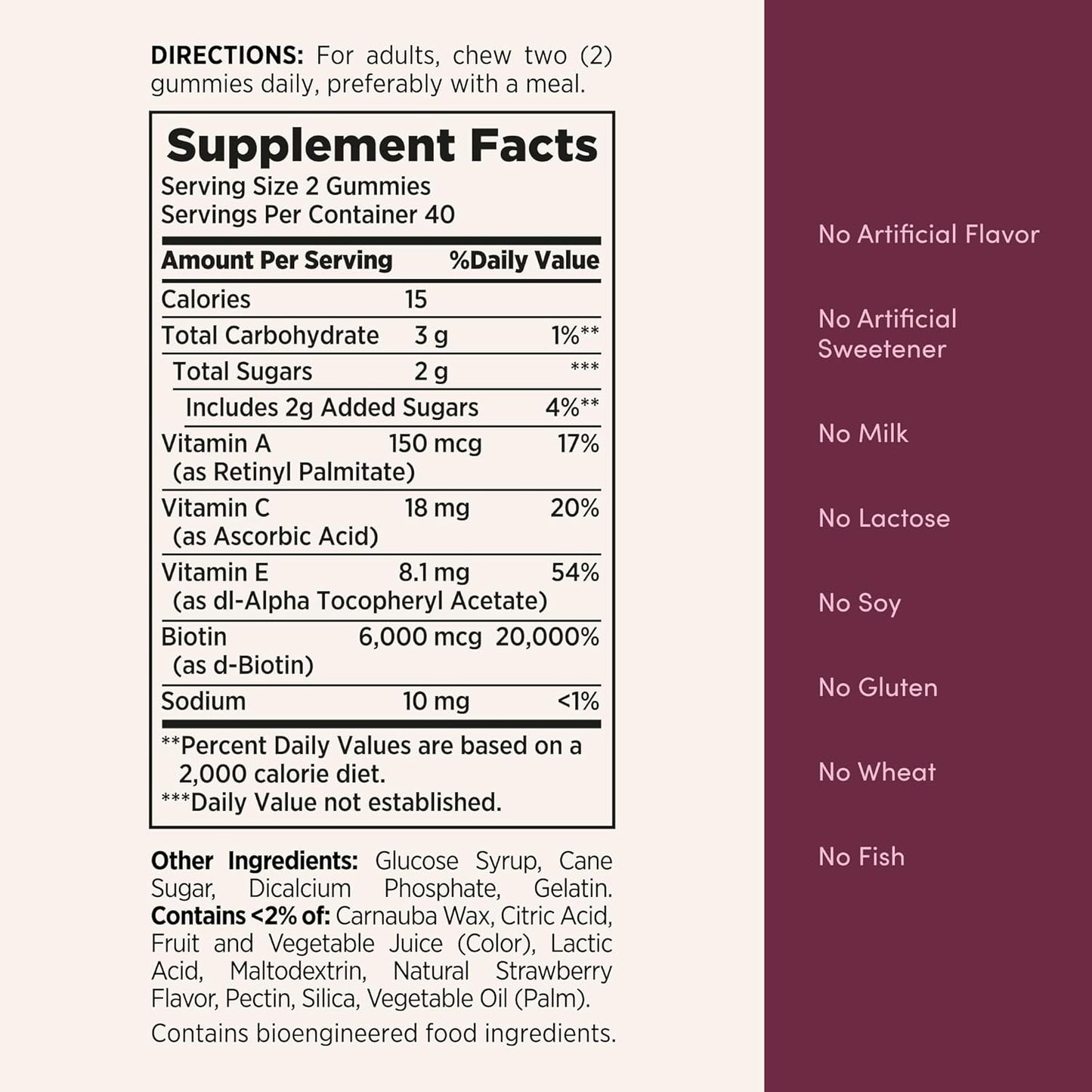 Nature's Bounty Optimal Solutions Hair, Skin & Nails Vitamin Gummies with Biotin, 2500 mcg, Strawberry, 80 Count, 40 Total Servings
