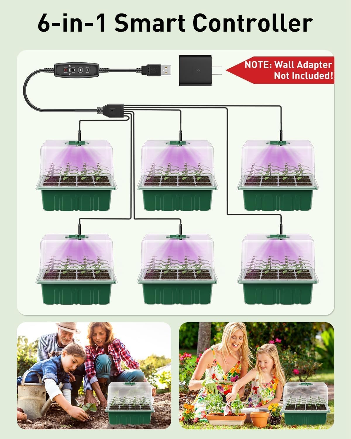 Pawfly 6 Pack Seed Starter Kit, 72 Cells, Seed Starter Trays with Adjustable Grow Lights & 3.9" Humidity Domes, Indoor Seedling Starter Trays, Reusable Plant Germination Trays, Seed Starting Trays