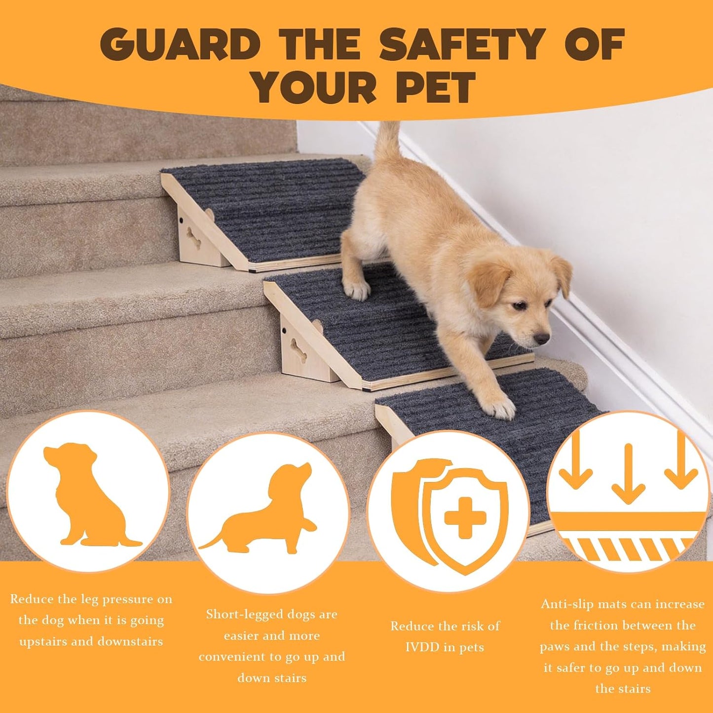3 Pack Wooden Dog Ramp for Stairs,Friendly to Short-Legged/Small/Injured/Aged Dogs with High Support,13L*9W*5H''+26°Slope Fits Your Staircase,with Anti-Slip Pads for Climbing Safely,Stairs Assist
