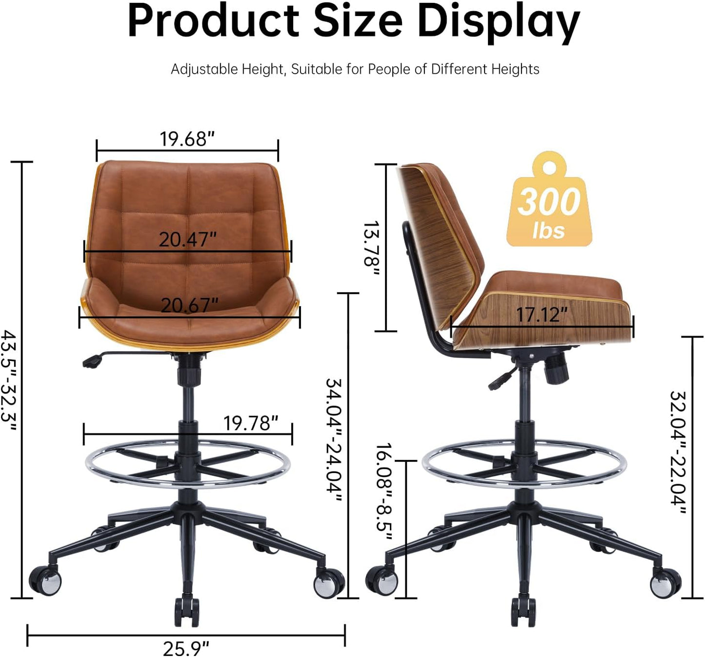 Drafting Office Chair Ergonomic Executive Computer Standing Desk Chair with Adjustable Height and Footrest Ring, Drafting Chair for Counter Height Desk and Drawing (Brown)